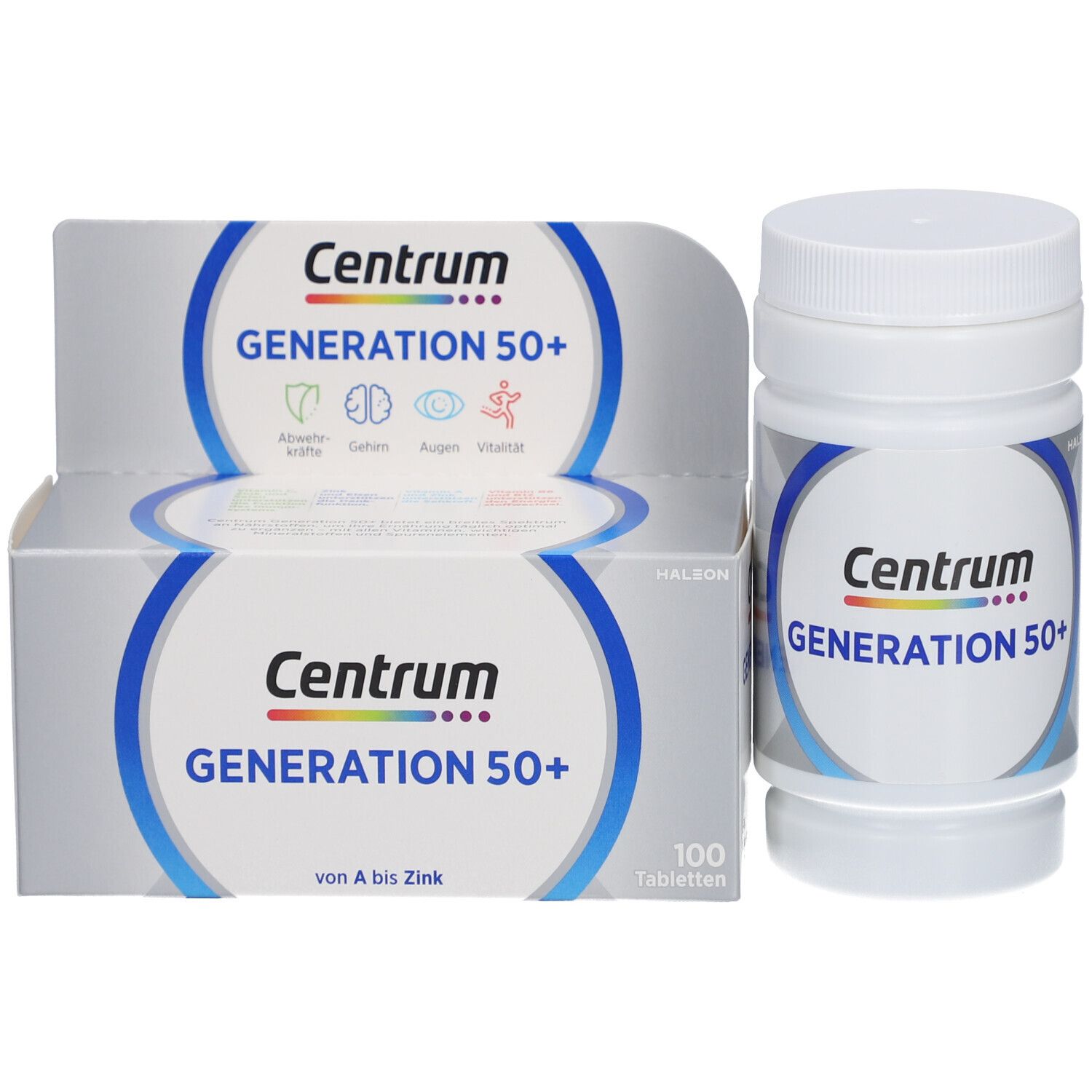 Produktverpackung und Flasche. Aufschrift: Centrum Generation 50+, 100 Tabletten.