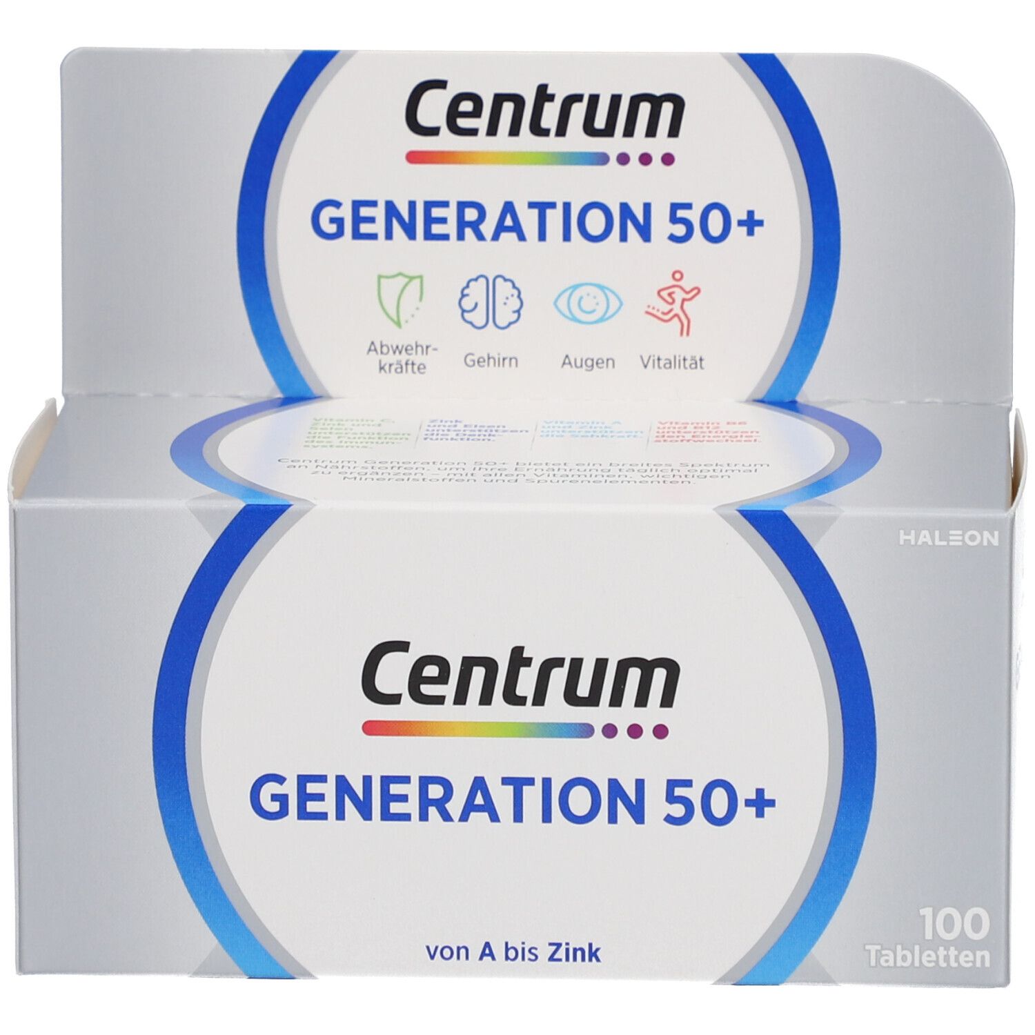 Produktverpackung. Aufschrift: Centrum Generation 50+, 100 Tabletten.