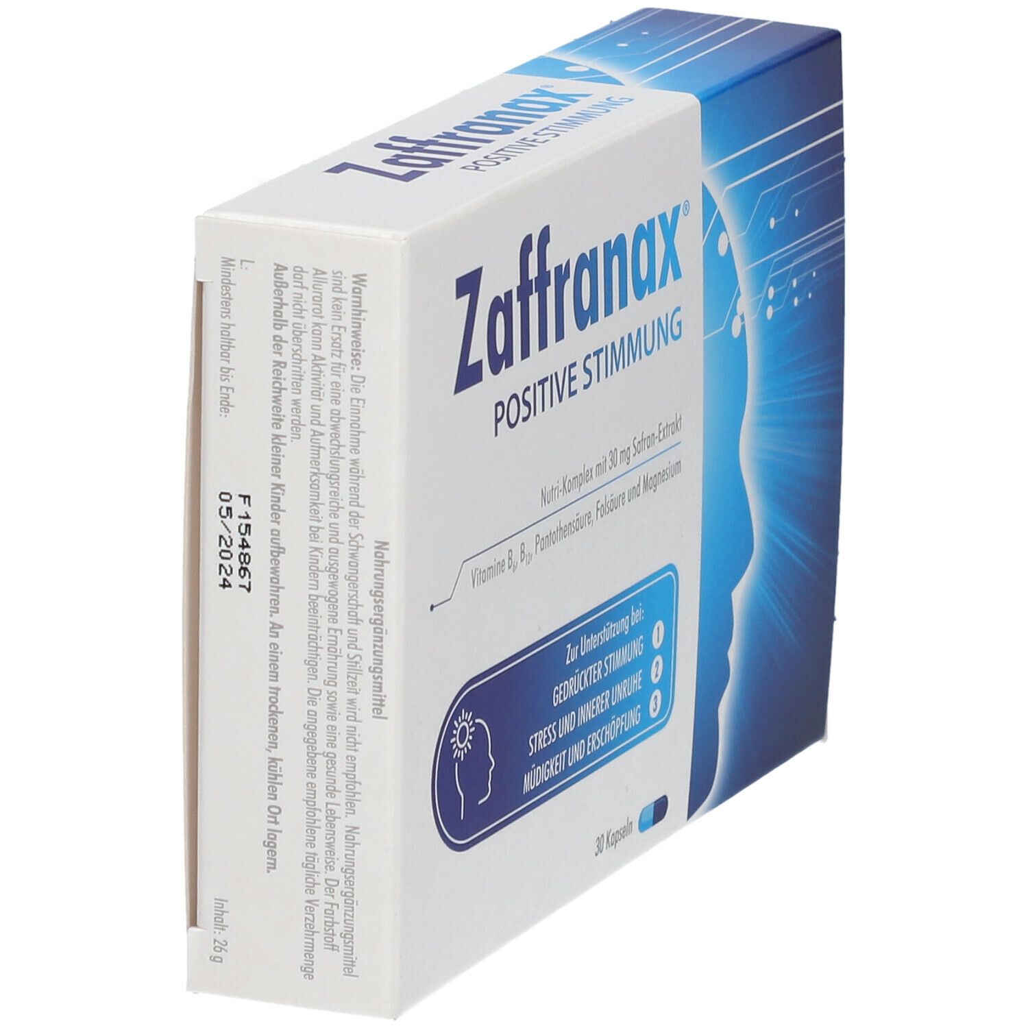 Zaffranax® Positive Stimmung Packung, schräg. Blaue und weiße Verpackung mit Produktinformationen und 30 Kapseln.