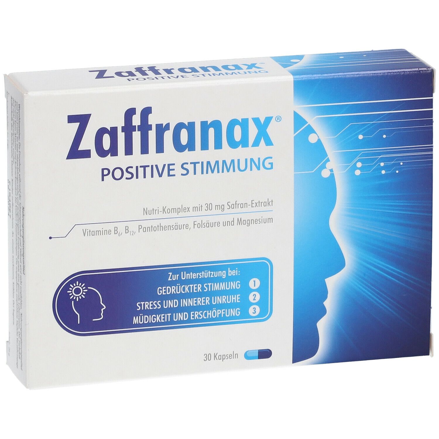 Zaffranax® Positive Stimmung Packung. Enthält 30 Kapseln. Blaue und weiße Verpackung mit Produktinformationen.