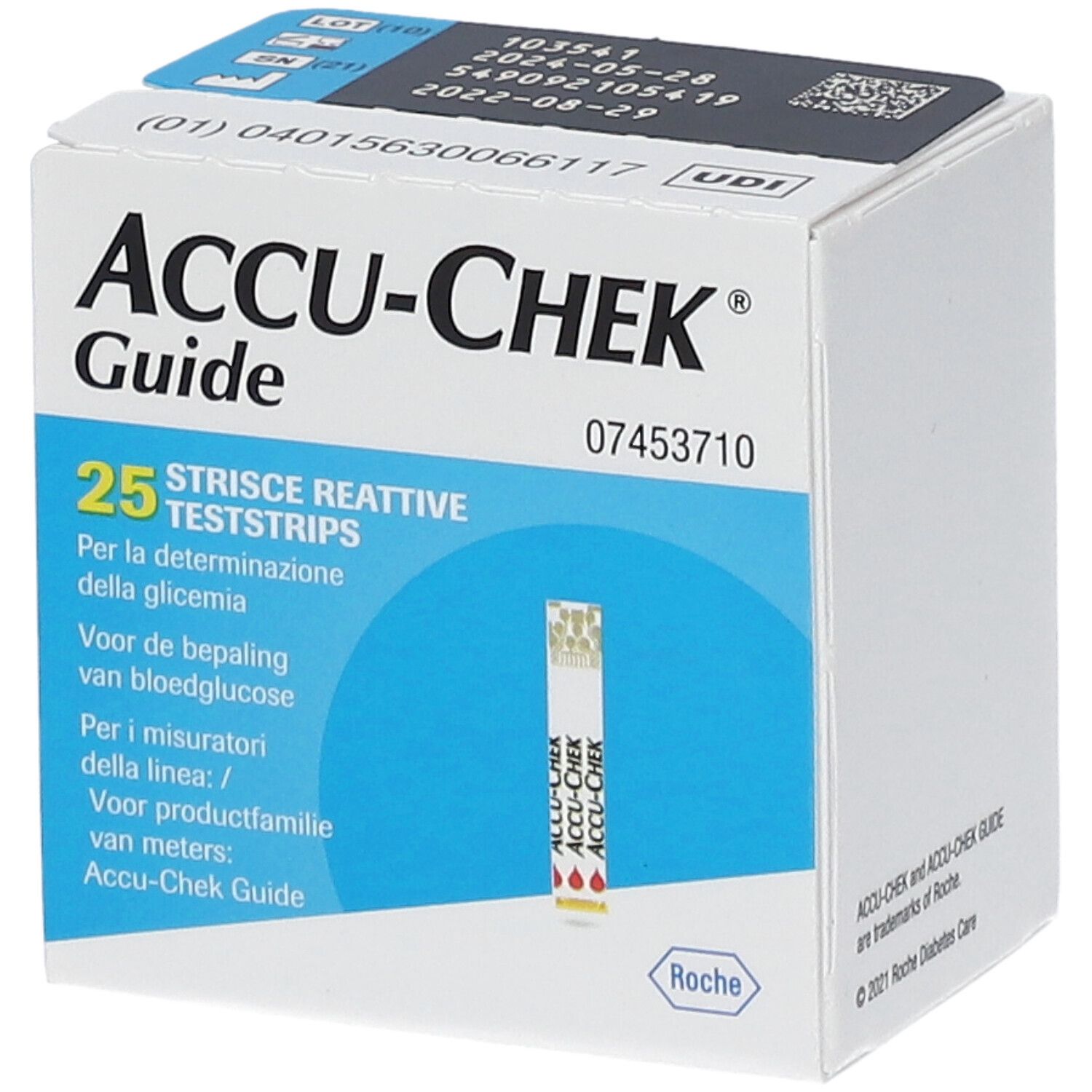 Accu-Chek Guide Teststreifenbox mit 25 Streifen und Roche Logo.