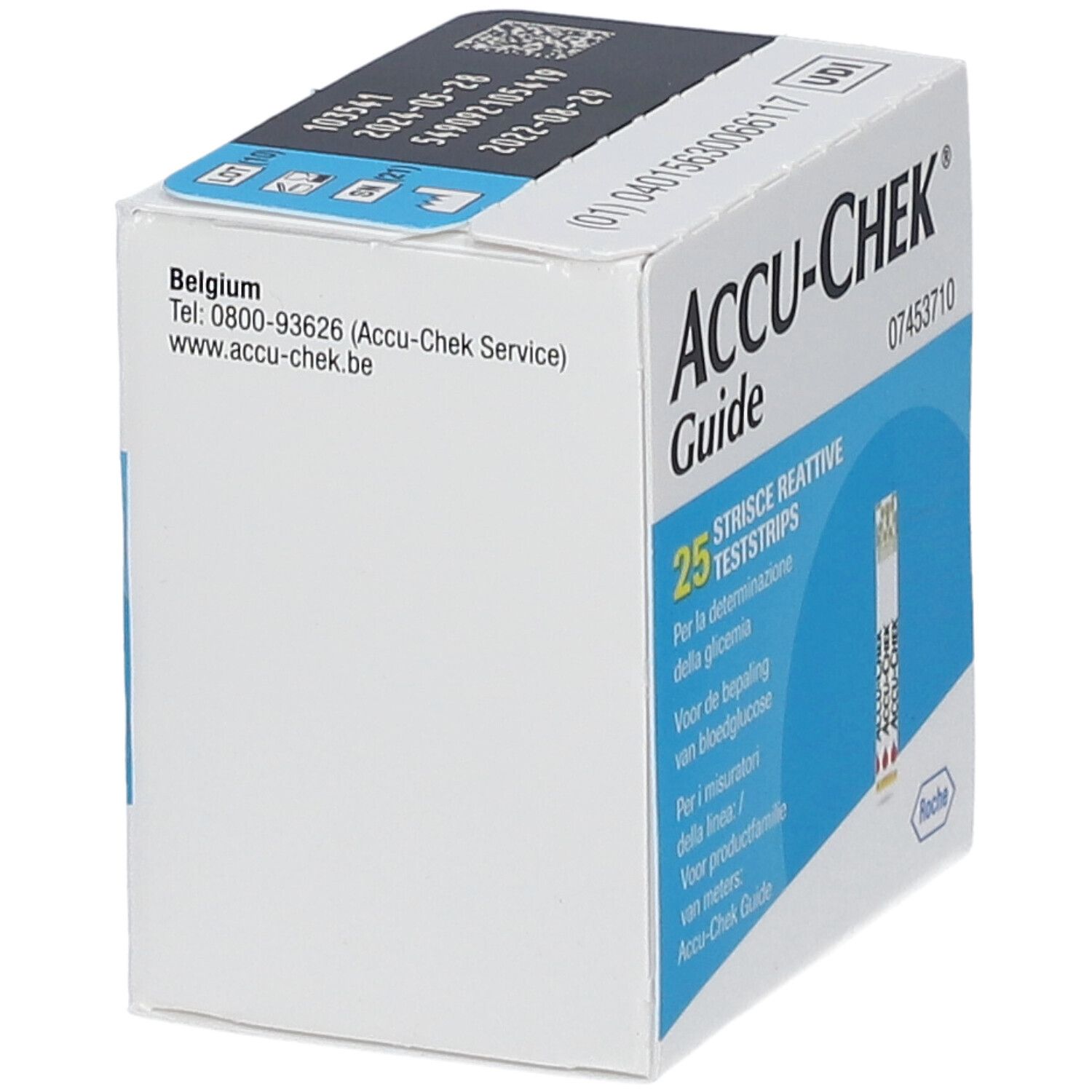 Accu-Chek Guide Teststreifenbox mit 25 Streifen und Roche Logo.