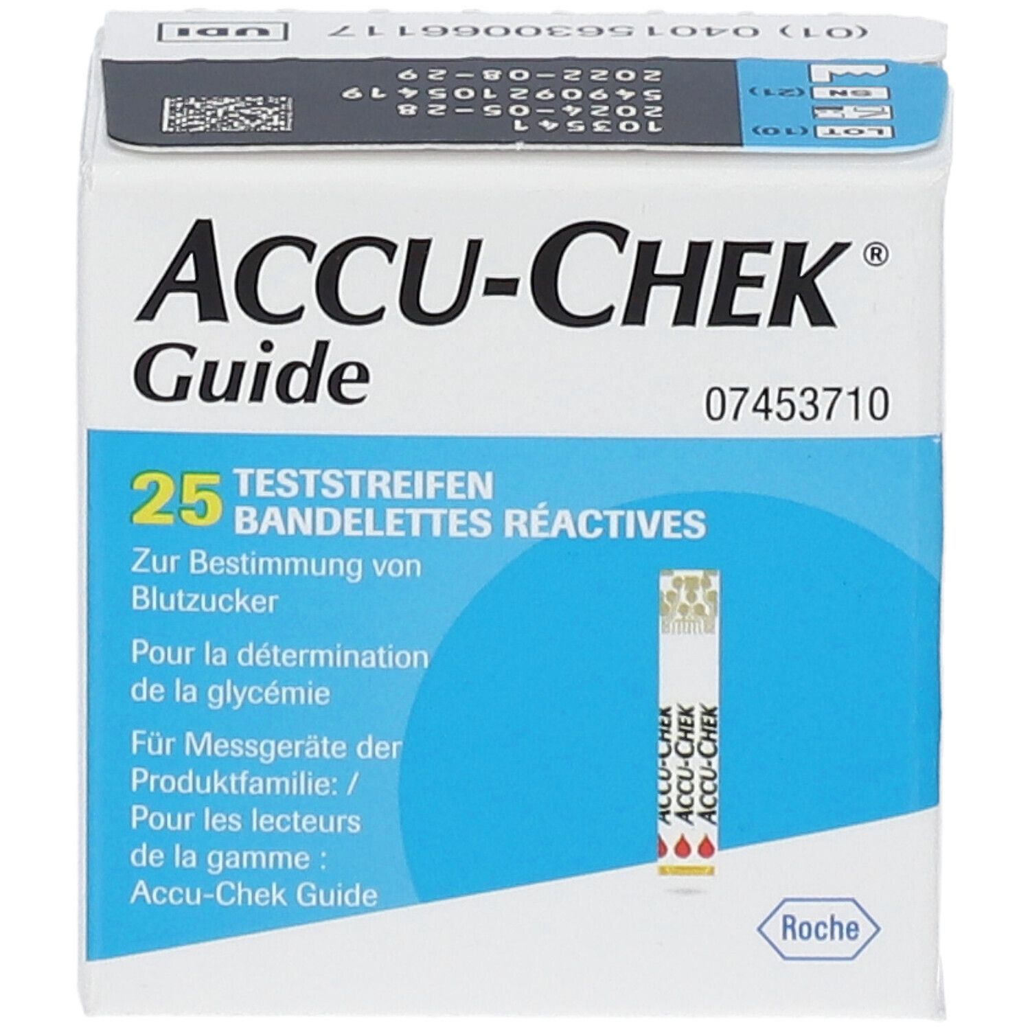 Accu-Chek Guide Teststreifenbox mit 25 Streifen und Roche Logo.