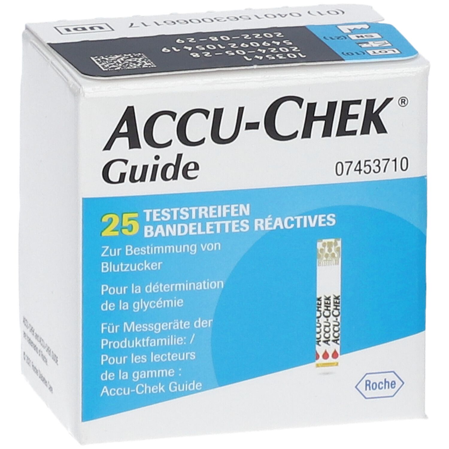 Accu-Chek Guide Teststreifenbox mit 25 Streifen und Roche Logo.