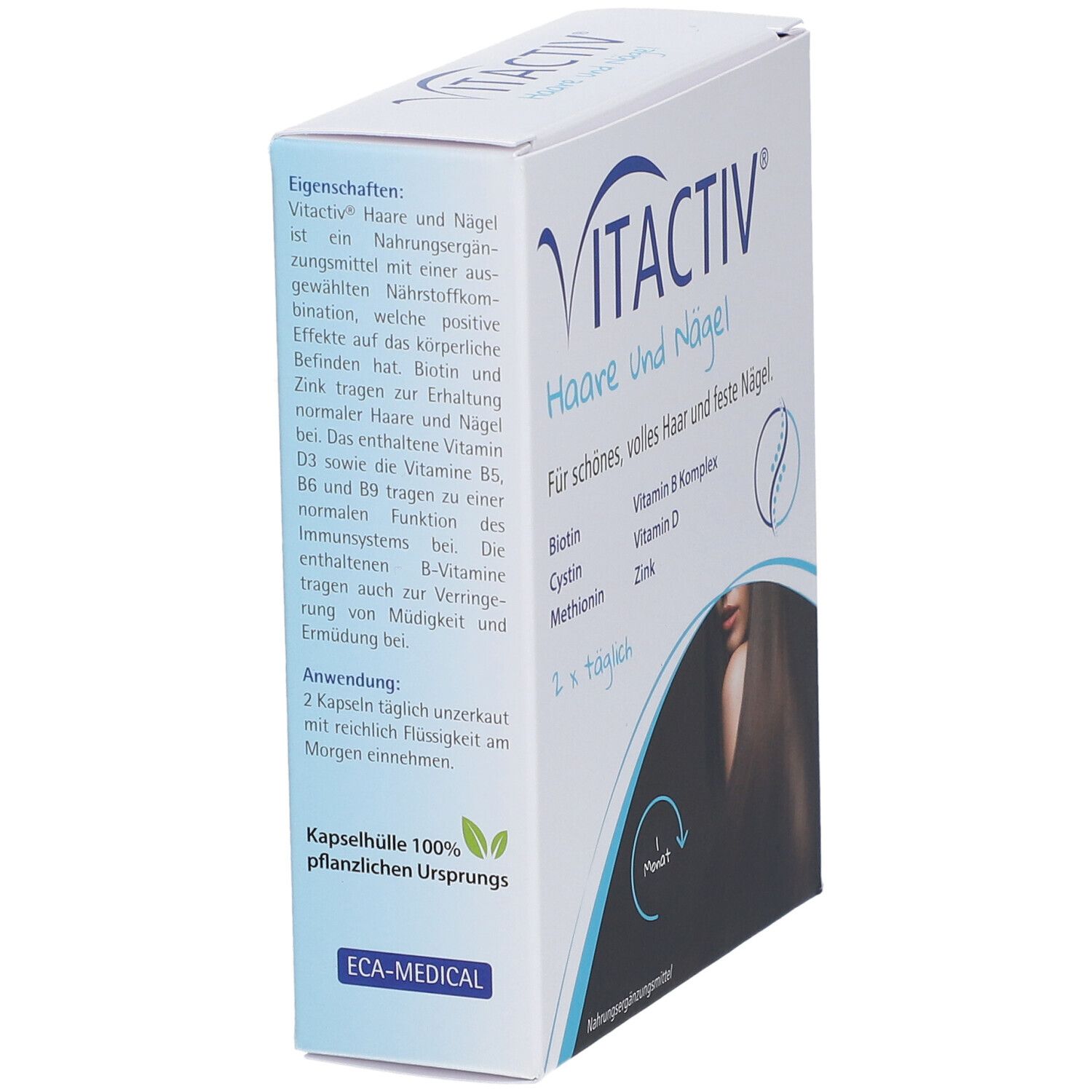 Vitactiv® Haare und Nägel-Schachtel, Seitenansicht. Text: Eigenschaften, Inhaltsstoffe, 100% pflanzliche Kapselhülle. ECA-MEDICAL Logo.