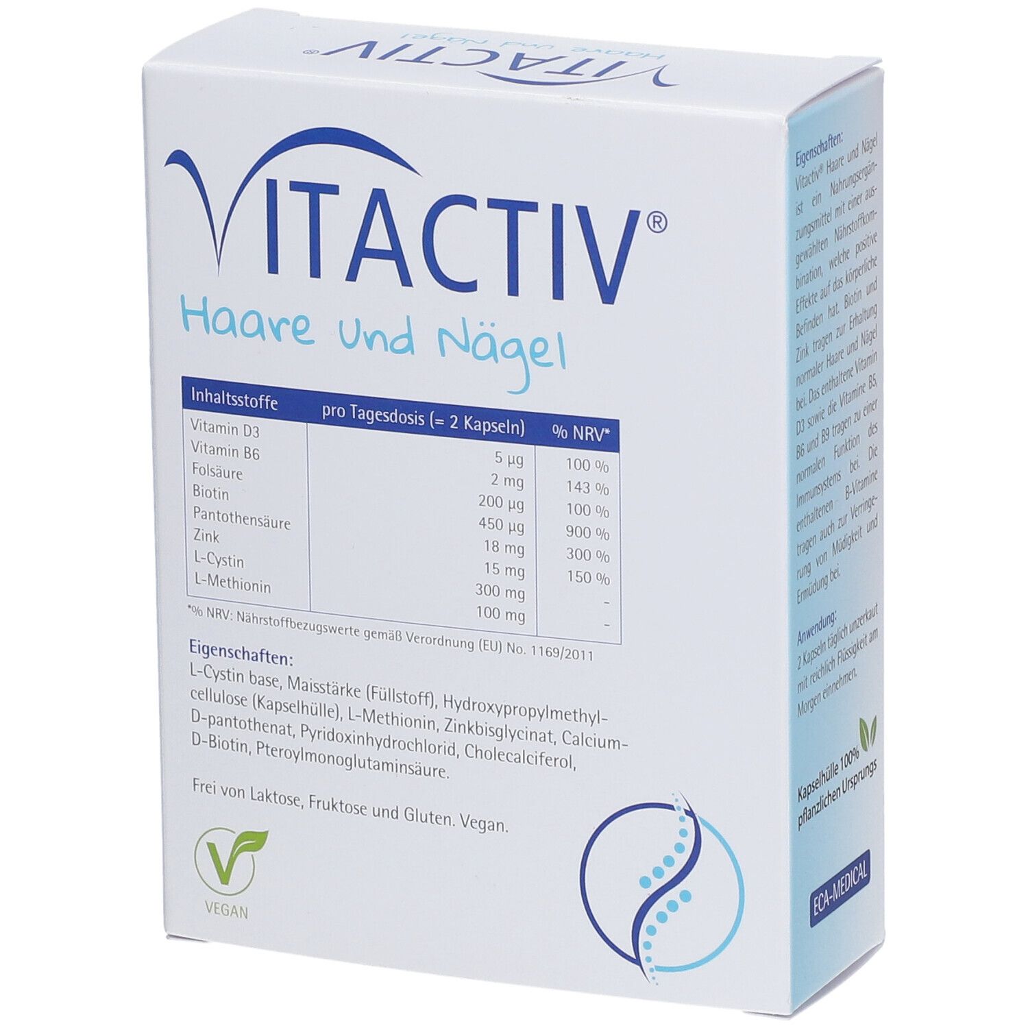 Vitactiv® Haare und Nägel-Schachtel, Rückseite. Inhaltsstofftabelle mit Vitaminen und Mineralien. Vegan-Logo. ECA-MEDICAL Logo.