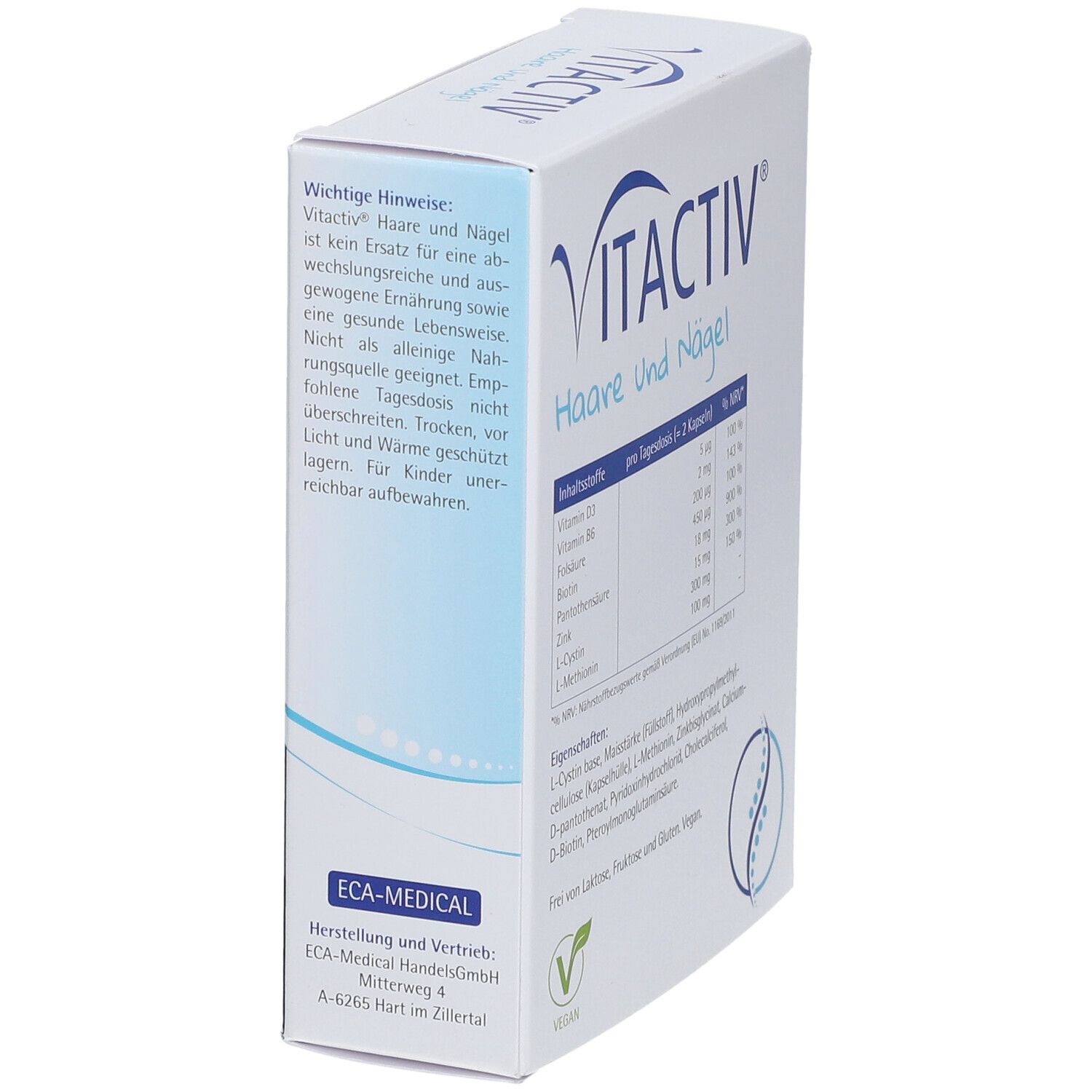 Vitactiv® Haare und Nägel-Schachtel, Seitenansicht. Text: Wichtige Hinweise, Inhaltsstofftabelle. Vegan-Logo. ECA-MEDICAL Logo.