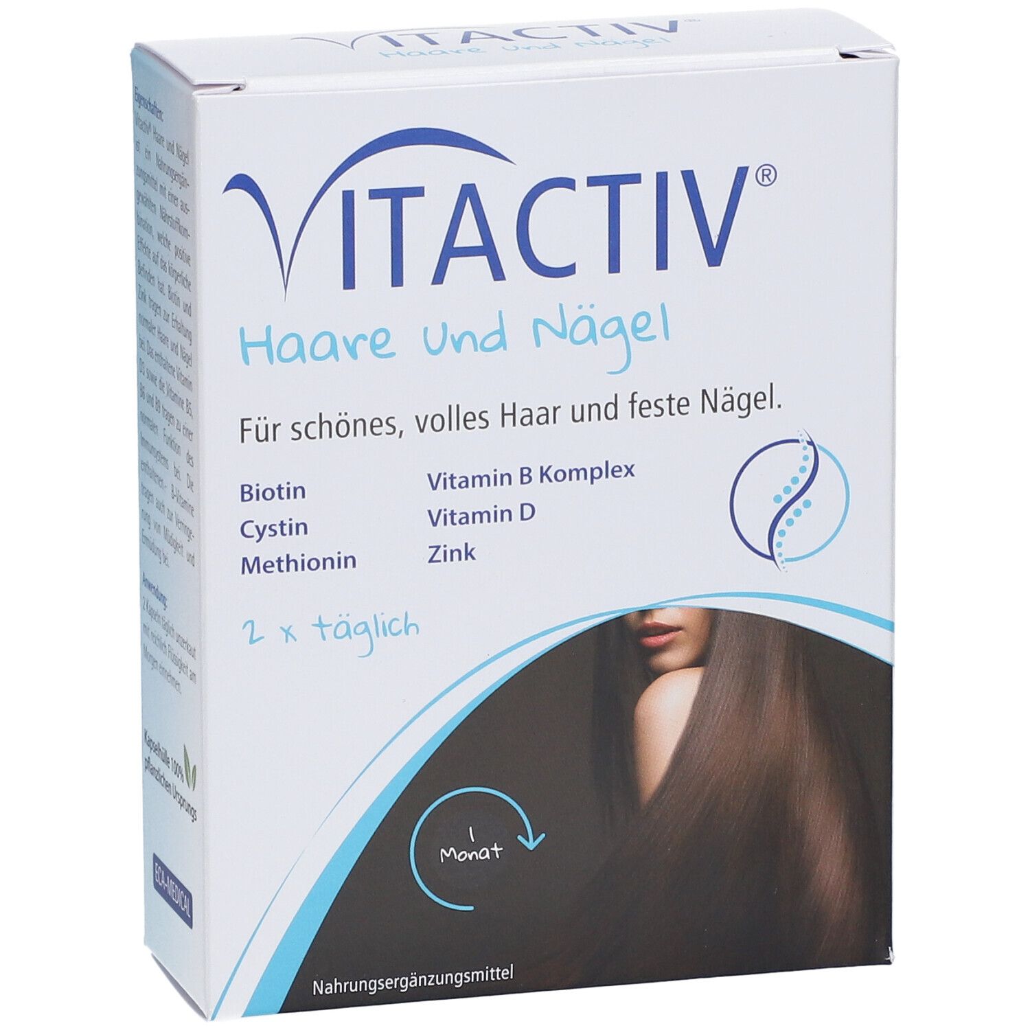 Vitactiv® Haare und Nägel-Schachtel. Produktname, Inhaltsstoffe, Bild einer Frau mit langen Haaren. Monat-Symbol.