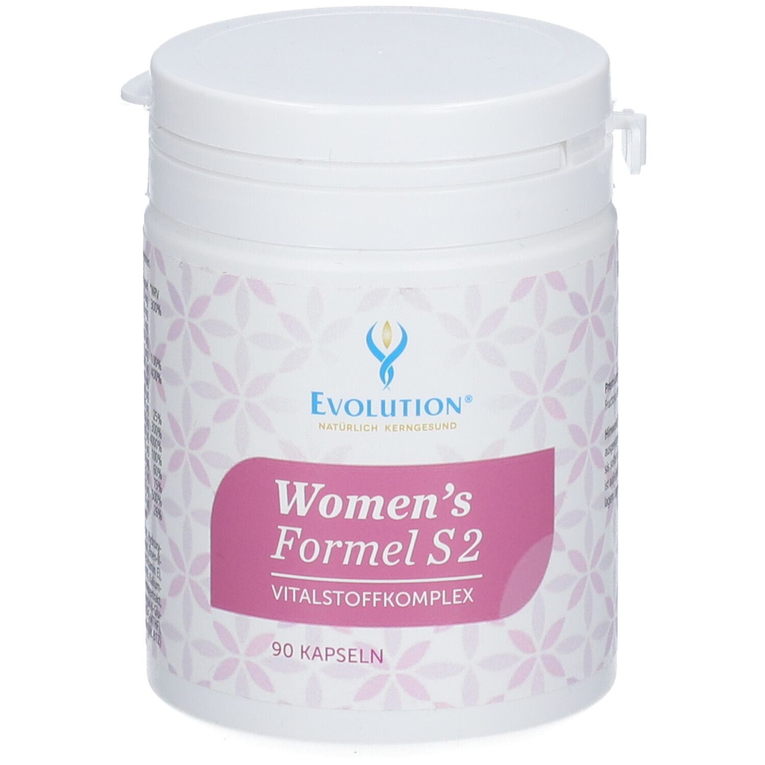 Weißes Supplement-Behältnis mit Aufschrift "EVOLUTION Women's Formel S2". 90 Kapseln. Rosa Etikett.