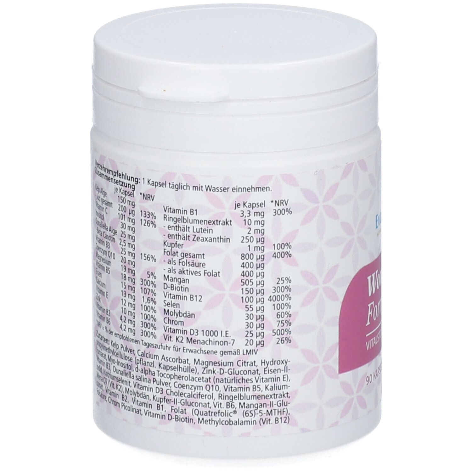 Weißes Supplement-Behältnis. Rückseite mit Nährwertangaben und Inhaltsstoffen. Rosa Etikett.