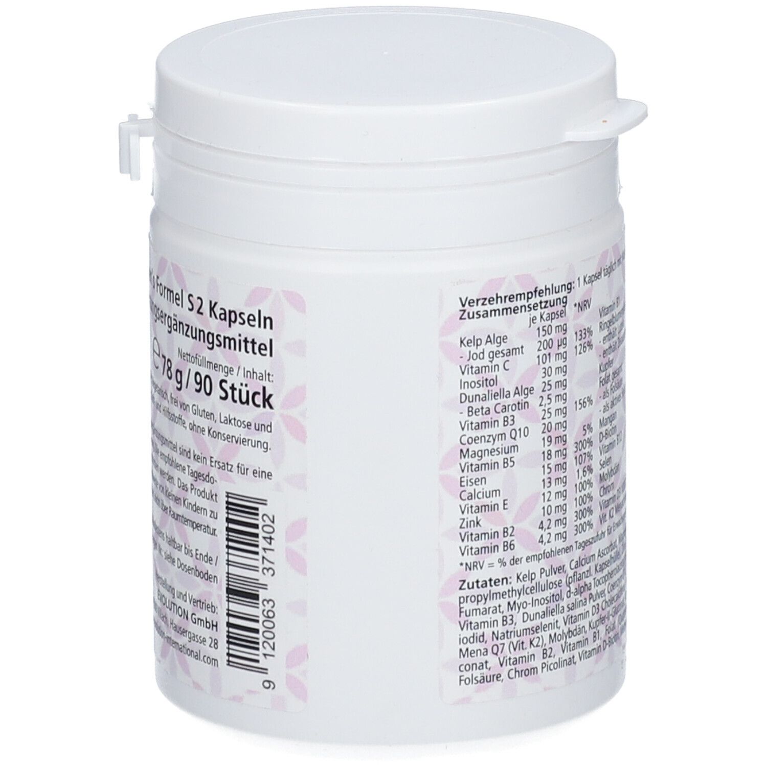 Weißes Supplement-Behältnis. Rückseite mit Nährwertangaben und Inhaltsstoffen. Rosa Etikett.