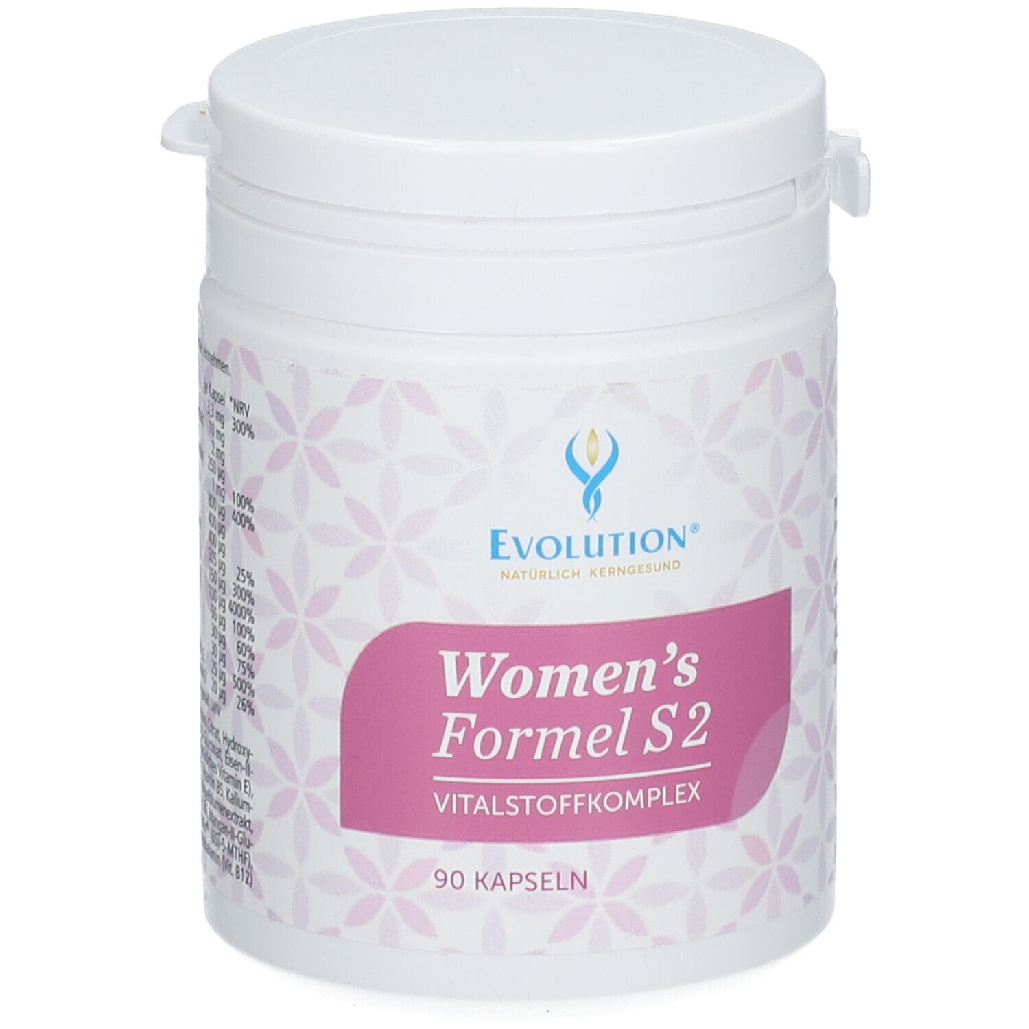 Weißes Supplement-Behältnis mit Aufschrift "EVOLUTION Women's Formel S2". 90 Kapseln. Rosa Etikett.