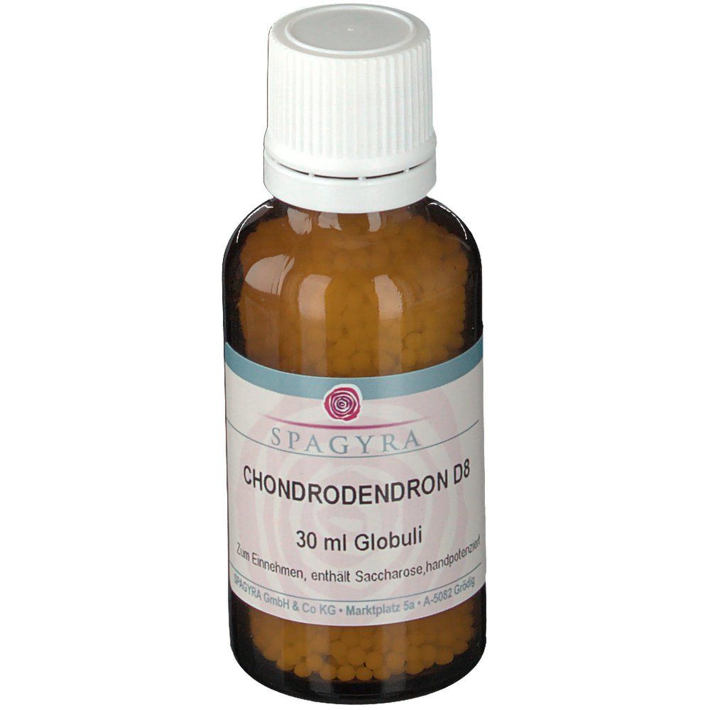 Braune Glasflasche mit weißem Deckel. Etikett mit Produktnamen und Dosierung. Enthält Globuli.