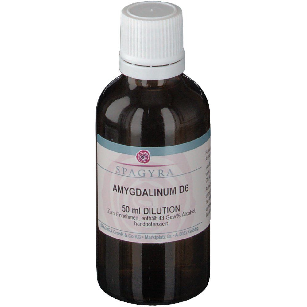 Braune Glasflasche mit weißem Verschluss. Etikett mit SPAGYRA, AMYGDALINUM D6, 50 ml Dilution. Handpotenziert.
