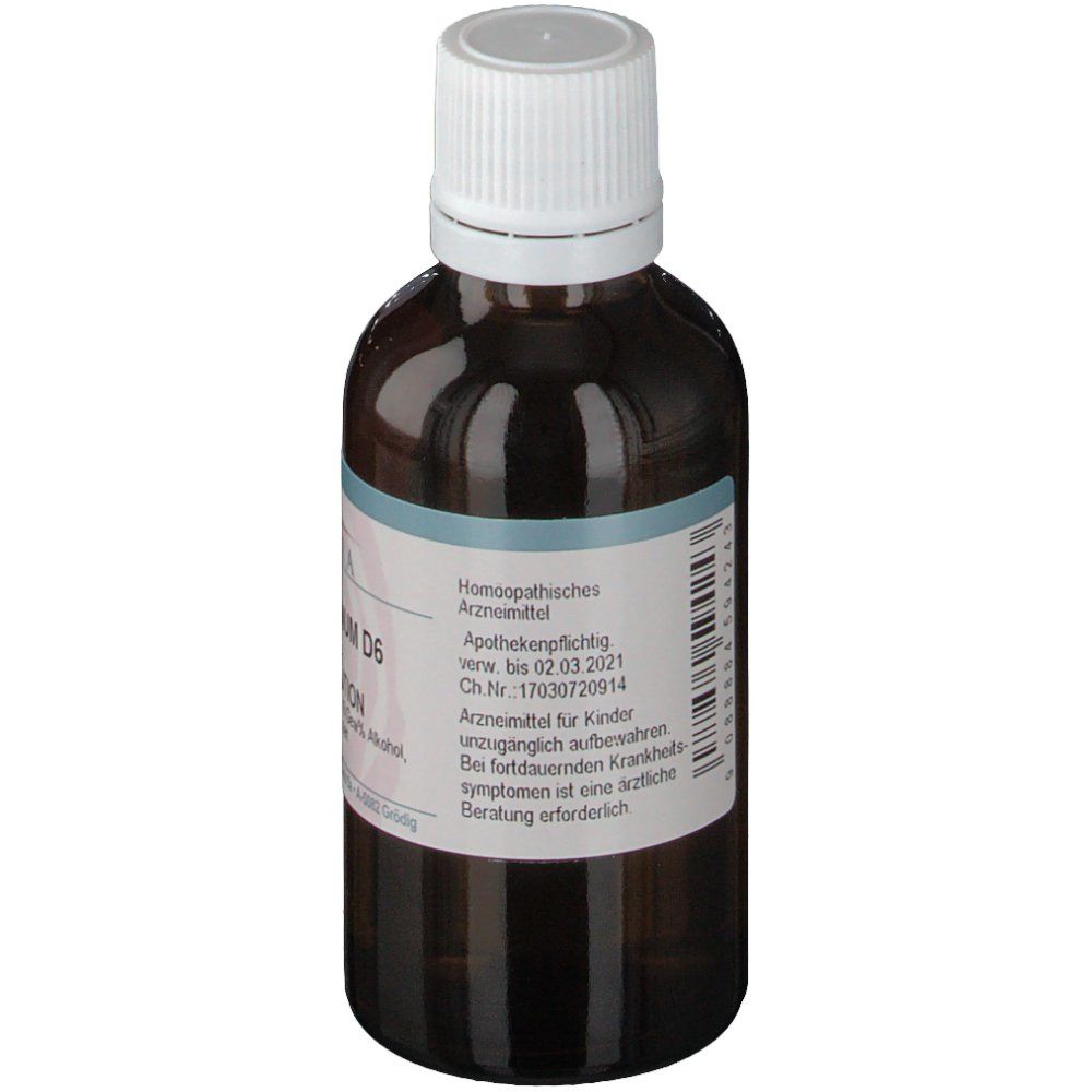 Rückseite der braunen Glasflasche mit weißem Verschluss. Etikett mit Informationen zu homöopathischen Arzneimitteln.