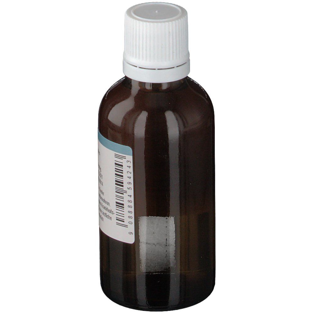Braune Glasflasche mit weißem Verschluss. Etikett mit Barcode und Herstellerinformationen.