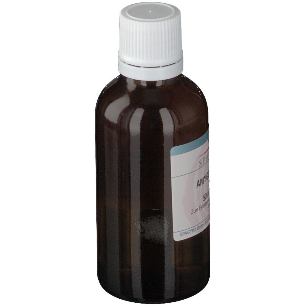 Braune Glasflasche mit weißem Verschluss. Etikett mit SPAGYRA und AMYGDALINUM D6. Zum Einnehmen.