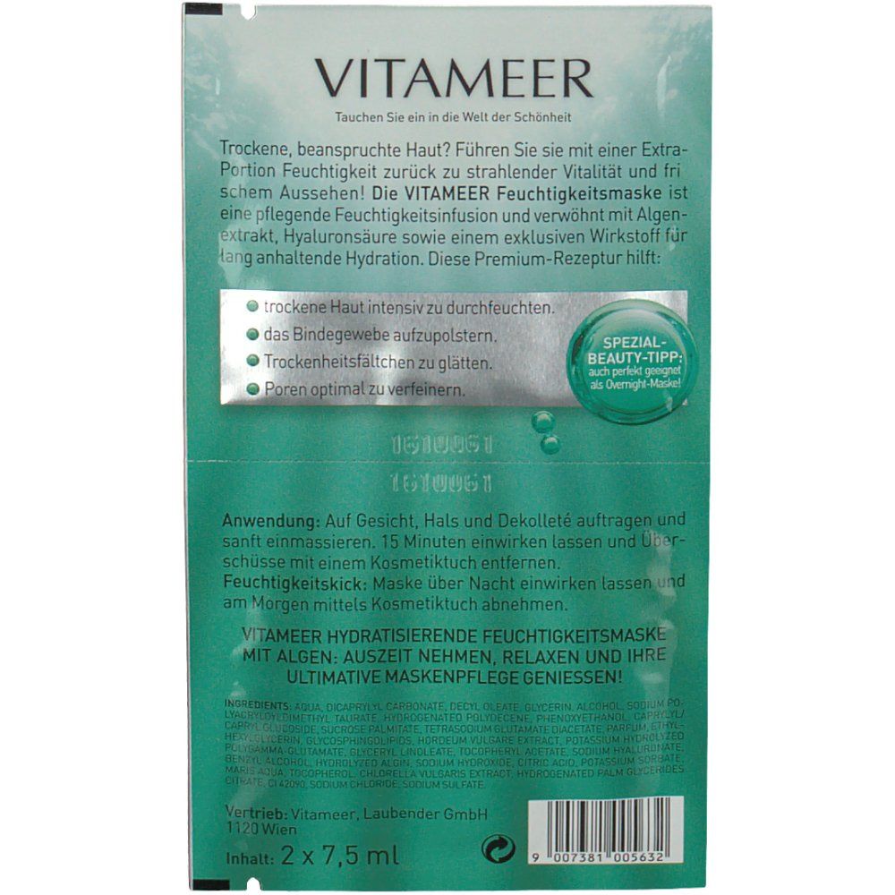Grüne Verpackung mit Produktnamen VITAMEER. Text: Feuchtigkeitsmaske. Enthält 2 x 7,5 ml. Mit Algen und Hyaluronsäure.