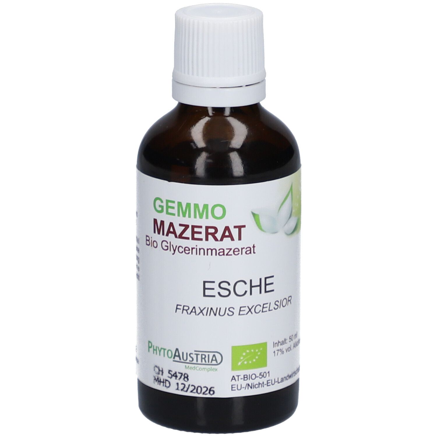 Braune Glasflasche mit weißem Deckel. Etikett mit Produktnamen, Esche und Bio-Siegel. PhytoAustria.