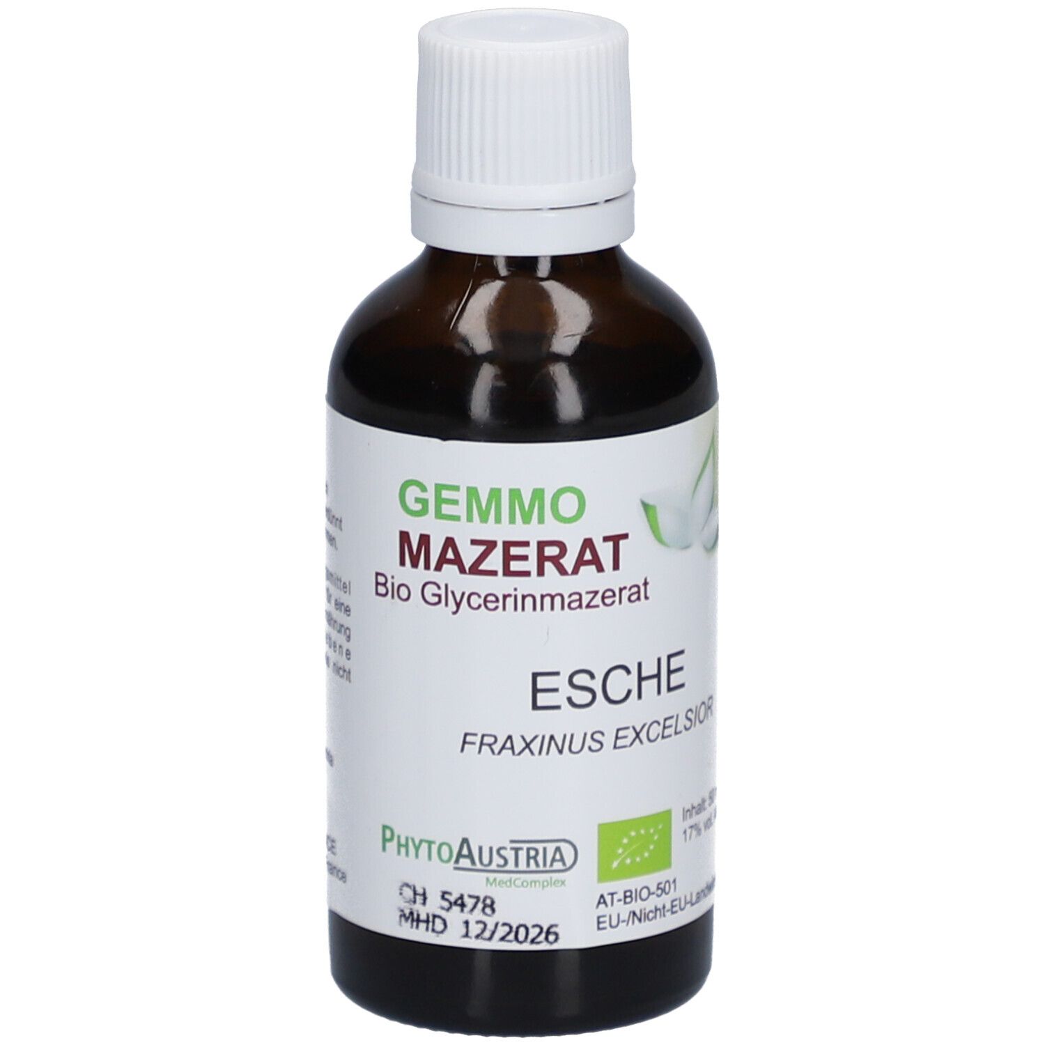 Braune Glasflasche mit weißem Deckel. Etikett mit Produktnamen, Esche und Bio-Siegel. PhytoAustria.