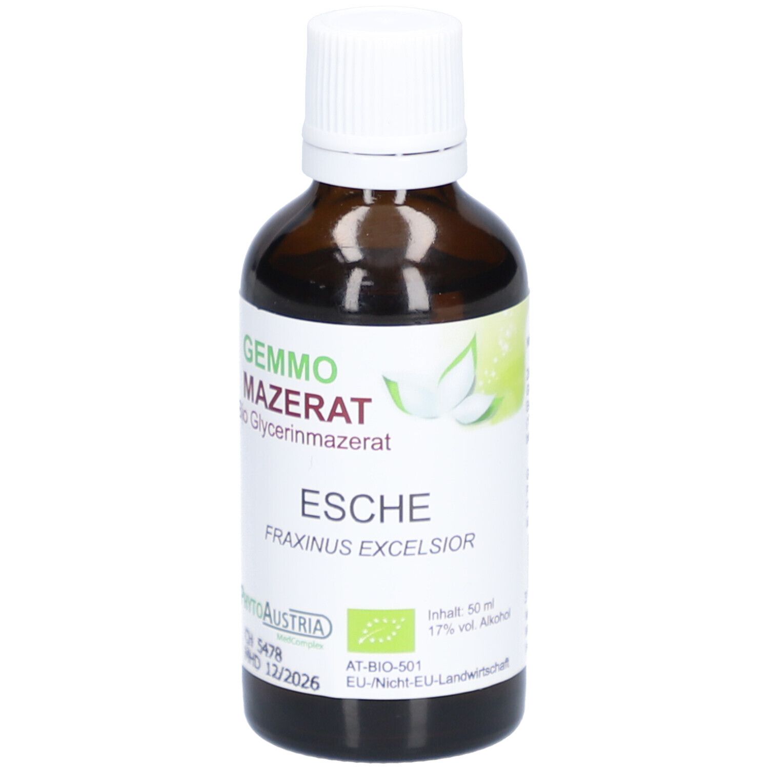 Braune Glasflasche mit weißem Deckel. Etikett mit Produktnamen, Esche und Bio-Siegel. PhytoAustria.