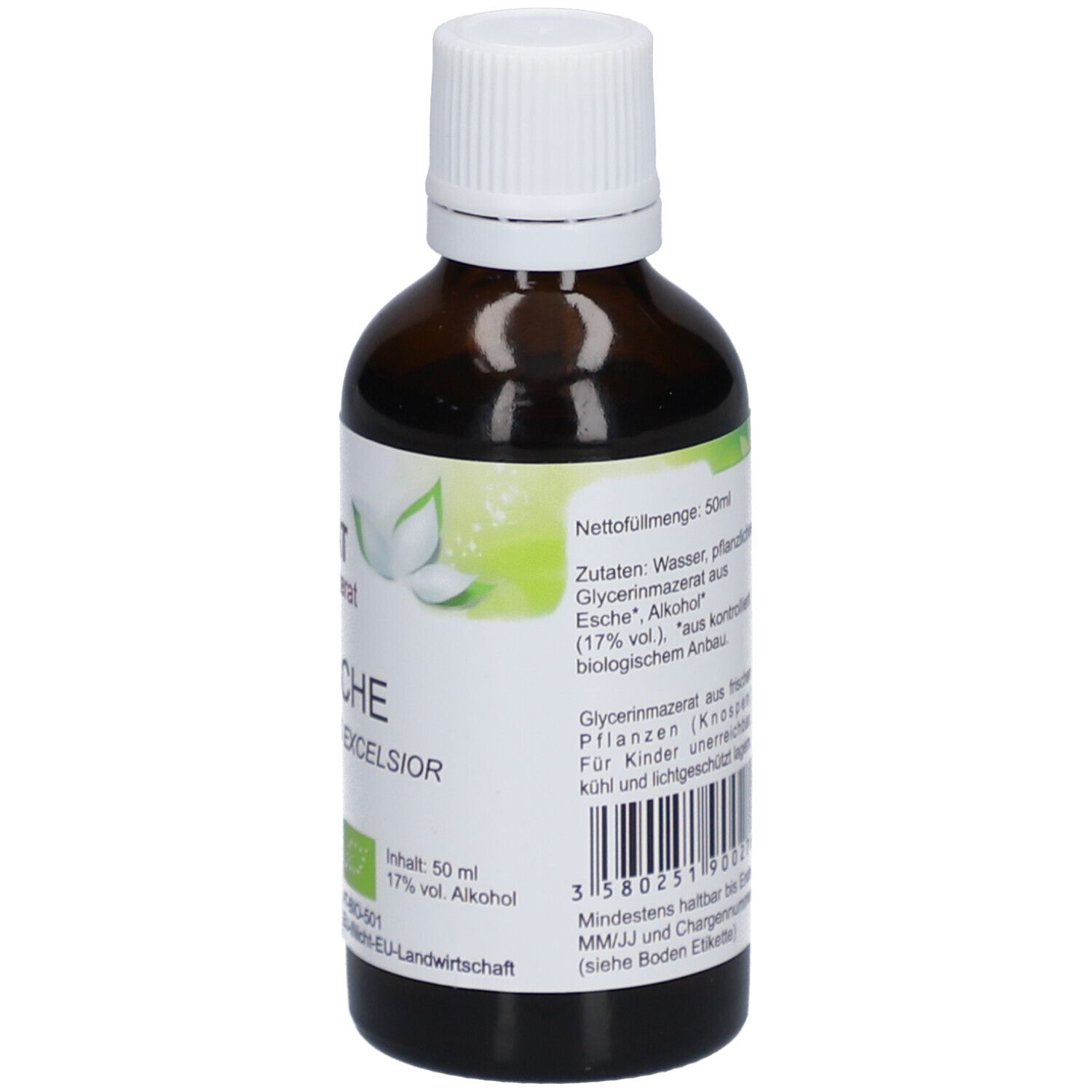 Braune Glasflasche mit weißem Deckel. Etikett mit Inhaltsangaben, 50ml, 17% Alkohol. PhytoAustria.