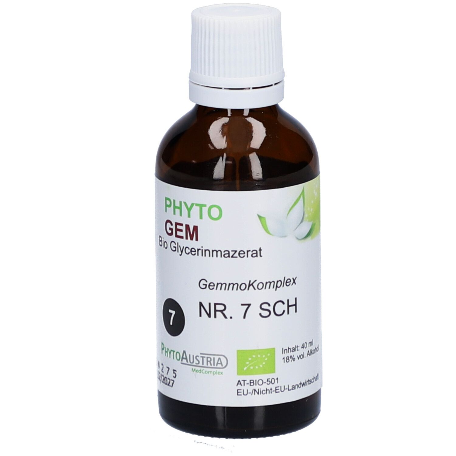 Flacon en verre brun avec bouchon blanc. Étiquette avec texte: PHYTO GEM, Bio Glycerinmazerat, GemmoKomplex, NR. 7 SCH, PhytoAustria.