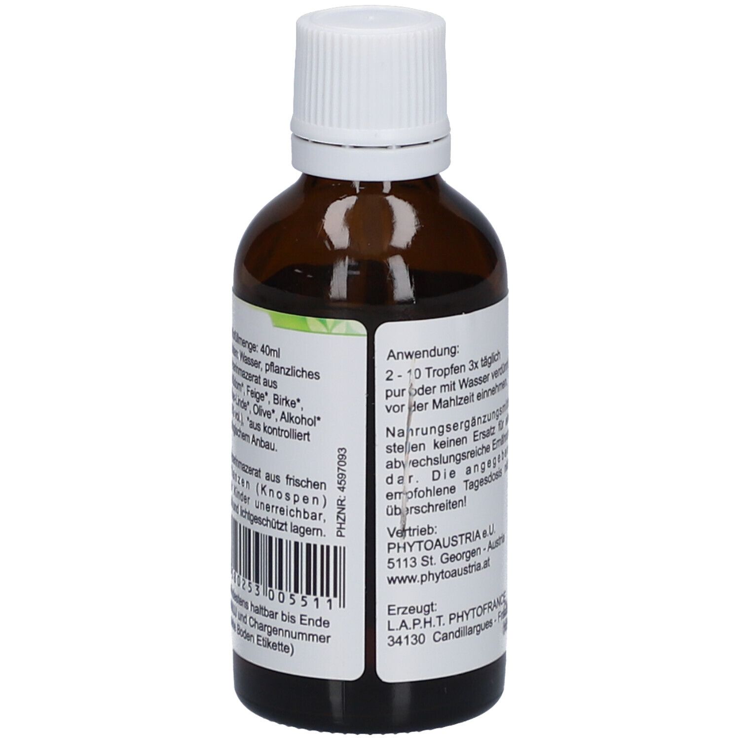 Flacon en verre brun avec bouchon blanc. Étiquette avec texte: 40ml, ingrédients, mode d'emploi. PhytoAustria, label bio, numéro de lot.