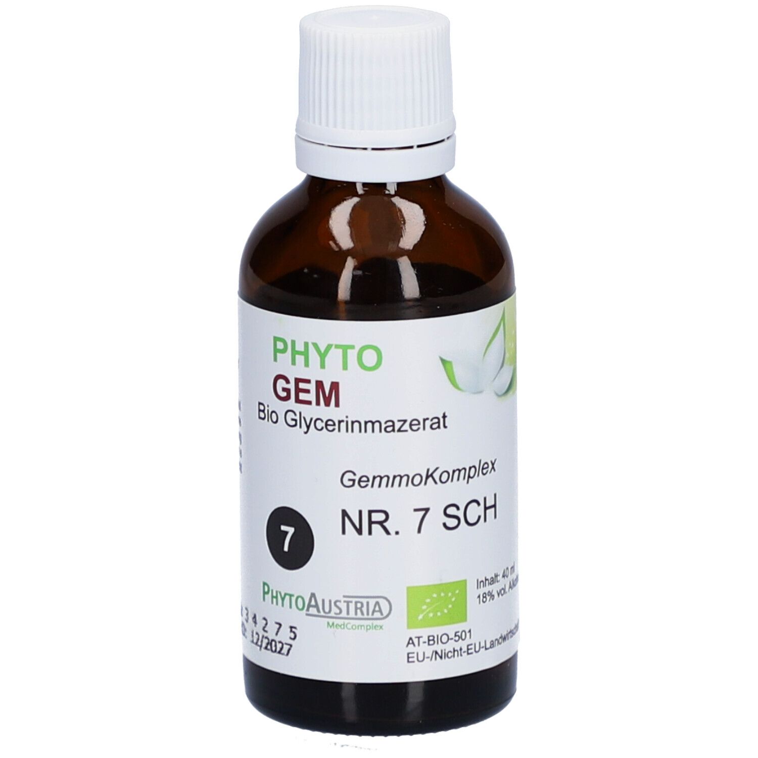 Flacon en verre brun avec bouchon blanc. Étiquette avec texte: PHYTO GEM, Bio Glycerinmazerat, GemmoKomplex, NR. 7 SCH, PhytoAustria, label bio.