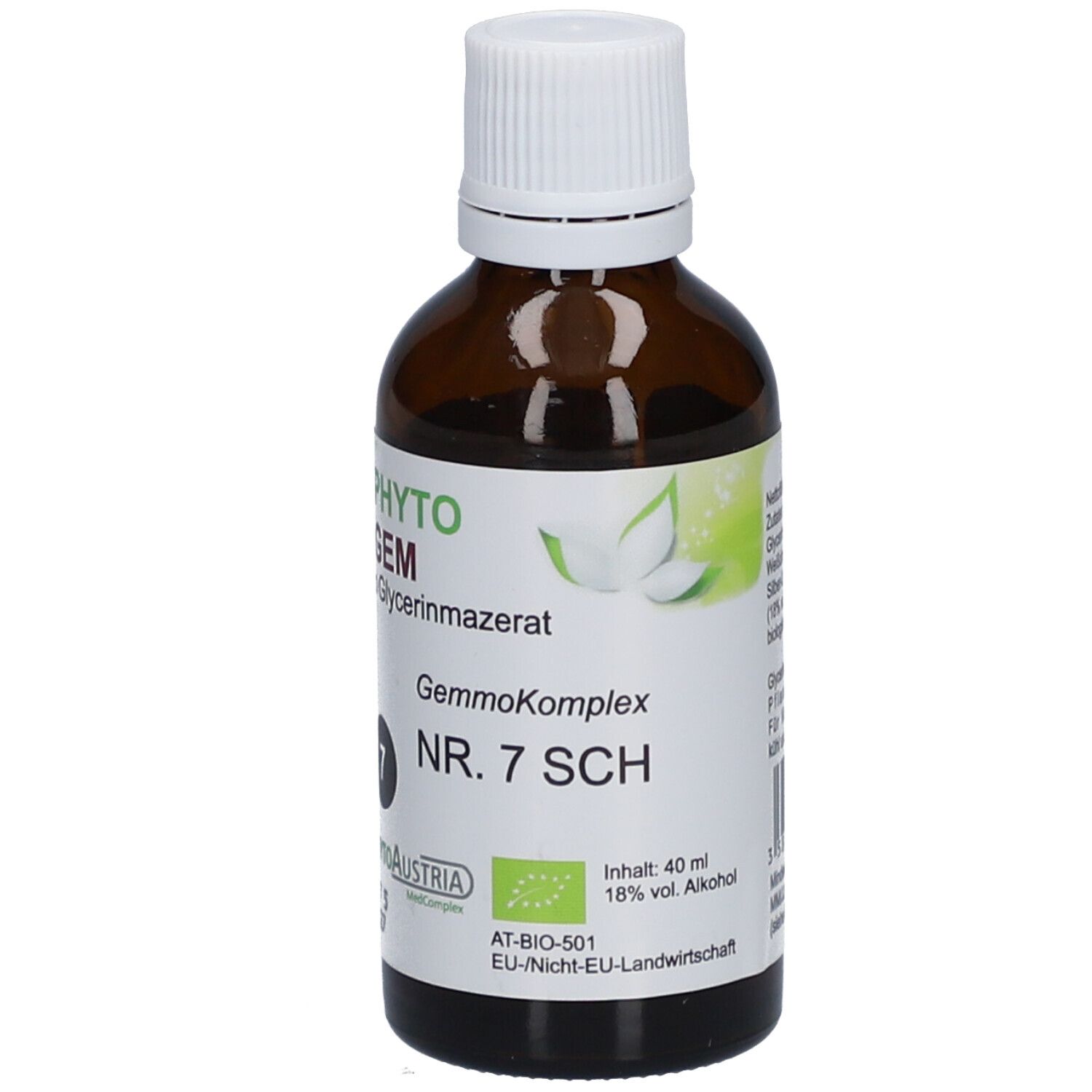 Flacon en verre brun avec bouchon blanc. Étiquette avec texte: PHYTO GEM, Bio Glycerinmazerat, GemmoKomplex, NR. 7 SCH, PhytoAustria, 40 ml.