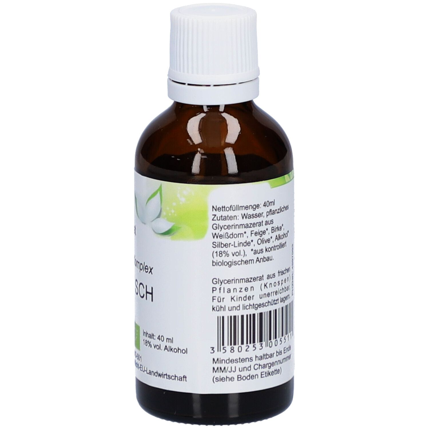 Flacon en verre brun avec bouchon blanc. Étiquette avec texte: 40 ml, ingrédients, 18% vol. alcool, label bio, numéro de lot.