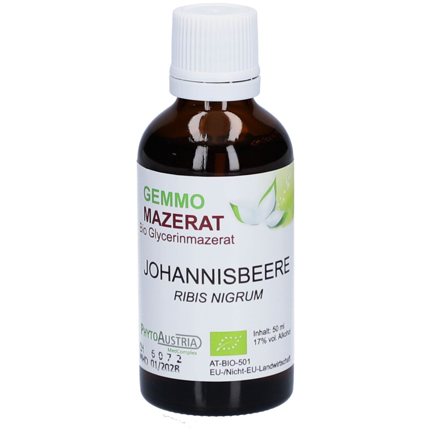 Braune Glasflasche mit weißem Deckel. Etikett mit Produktnamen, Inhaltsstoffen und Bio-Siegel. Text: Johannisbeere, Ribis Nigrum.