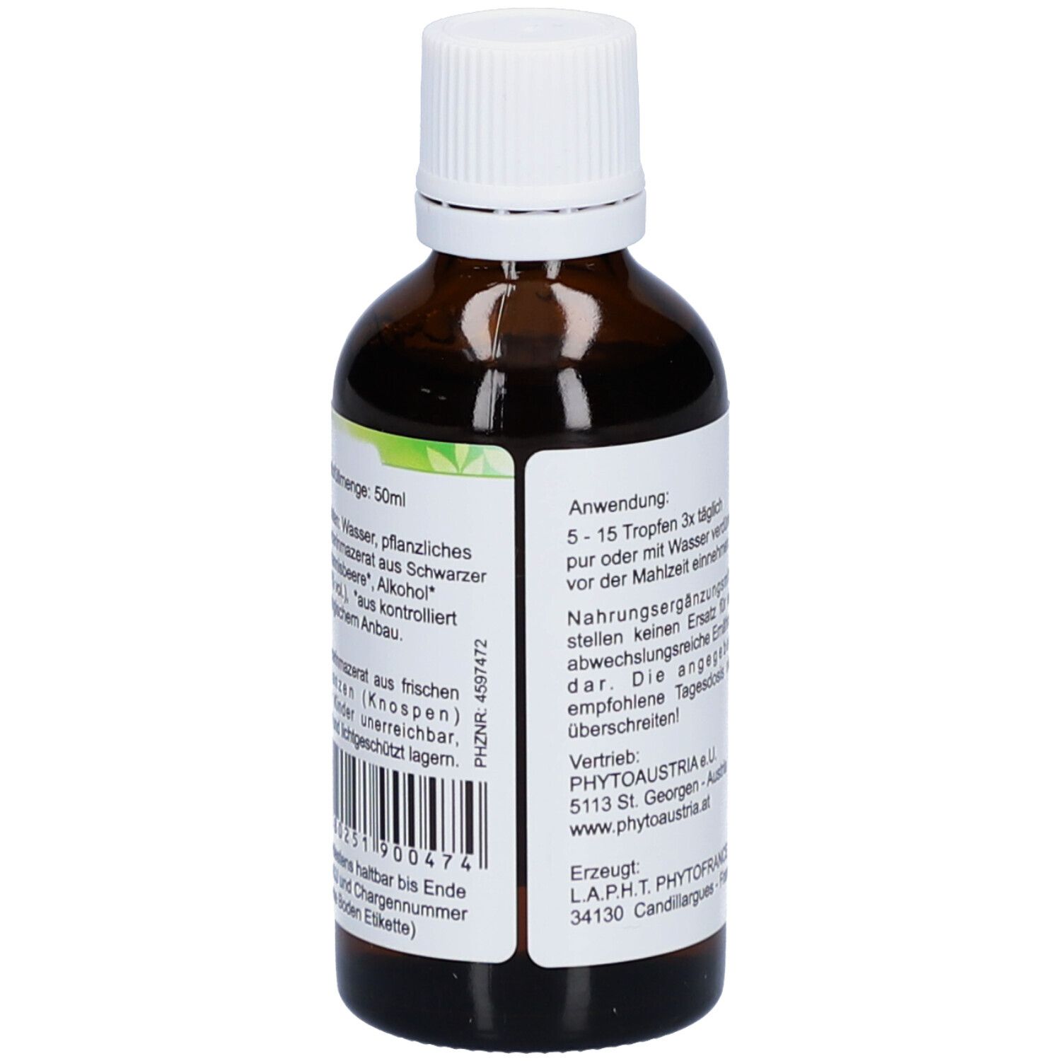Braune Glasflasche mit weißem Deckel. Etikett mit Produktinformationen und Chargennummer. Text: Johannisbeere, Inhaltsstoffe, 50ml.
