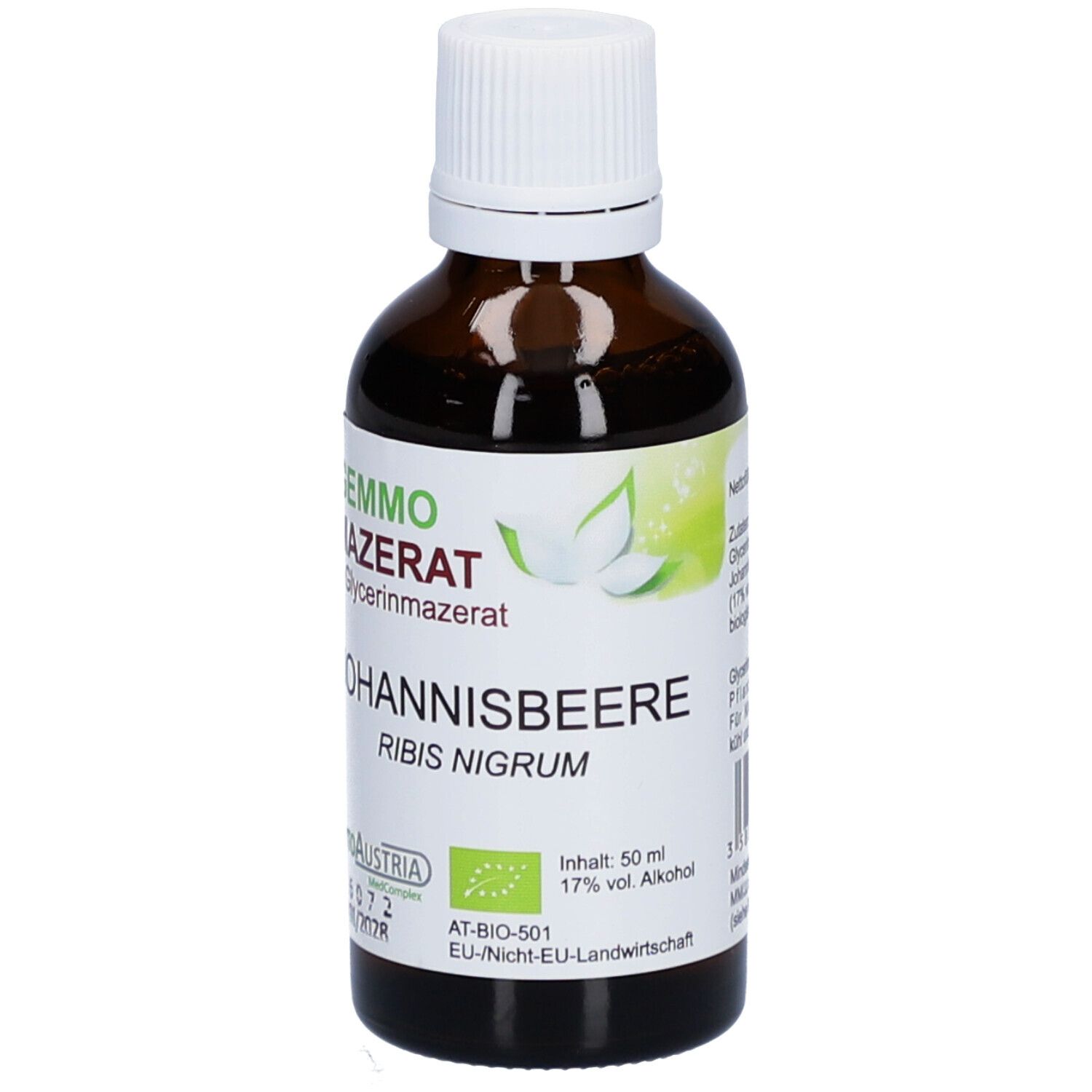 Braune Glasflasche mit weißem Deckel. Etikett mit Produktnamen, Inhaltsstoffen und Bio-Siegel. Text: Johannisbeere, Ribis Nigrum.