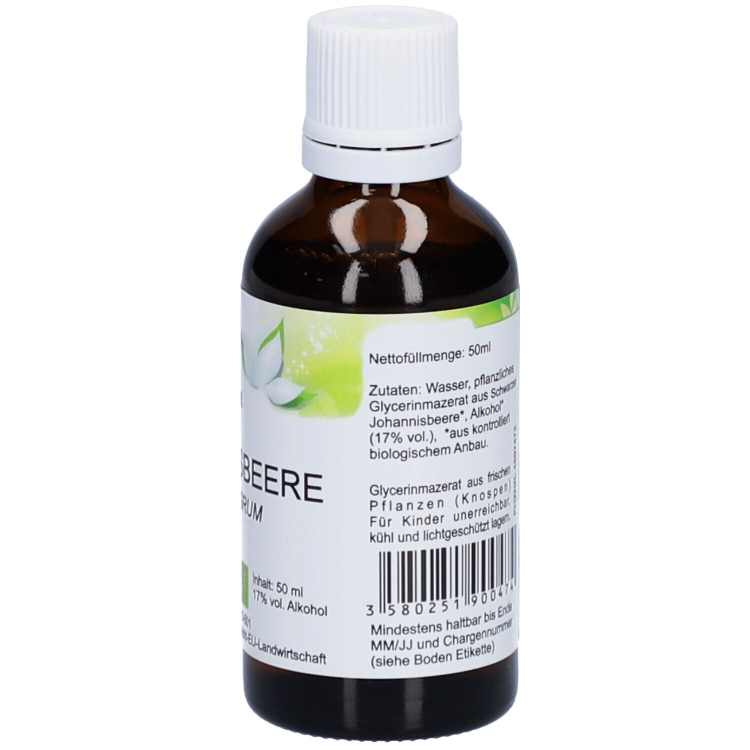 Braune Glasflasche mit weißem Deckel. Etikett mit Inhaltsstoffen und Chargennummer. Text: Johannisbeere, 50ml, 17% vol. Alkohol.