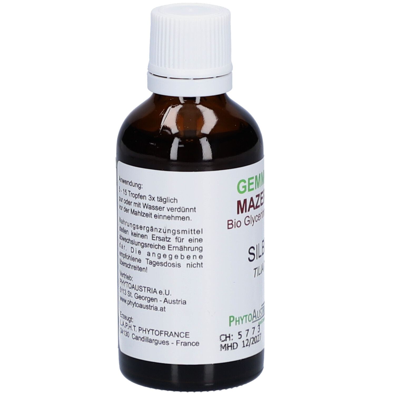 Flacon en verre brun avec bouchon blanc. Étiquette avec informations produit et dosage. Label bio et DDM 12/2027.