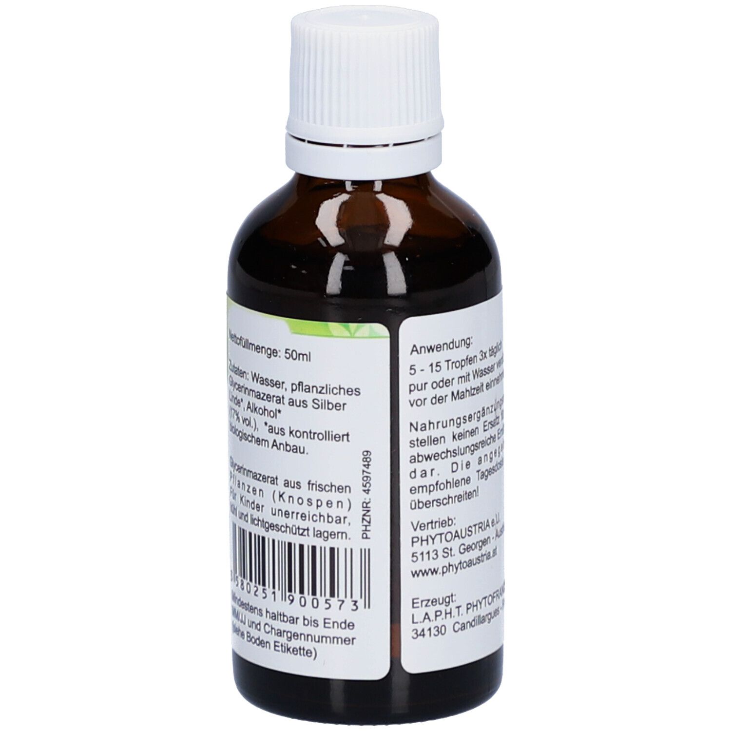 Flacon en verre brun avec bouchon blanc. Étiquette avec ingrédients, dosage et numéro de lot. DDM 12/2027.