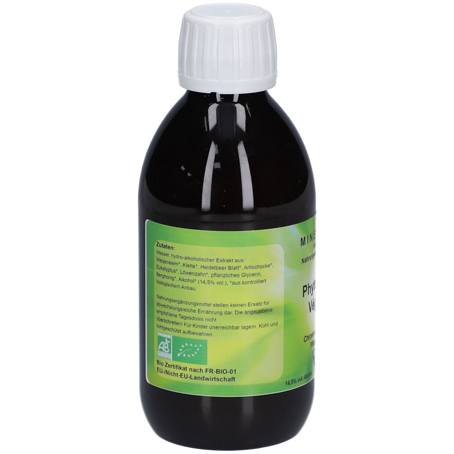 Braune Flasche mit weißem Deckel. Rückseite mit Zutatenliste und Bio-Zertifikat nach FR-BIO-01. Enthält u.a. Artischockenblatt und Salbeiblatt.
