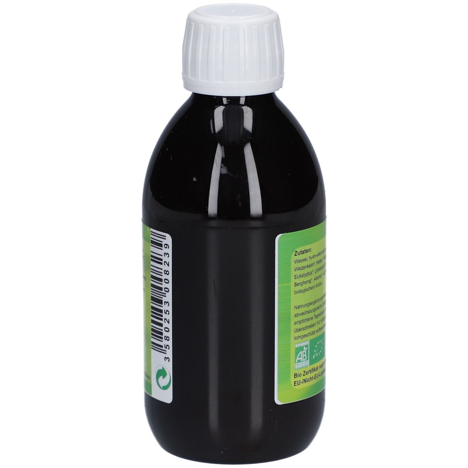 Braune Flasche mit weißem Deckel. Rückansicht mit Zutatenliste und Bio-Zertifikat. Enthält u.a. Artischockenblatt und Salbeiblatt.