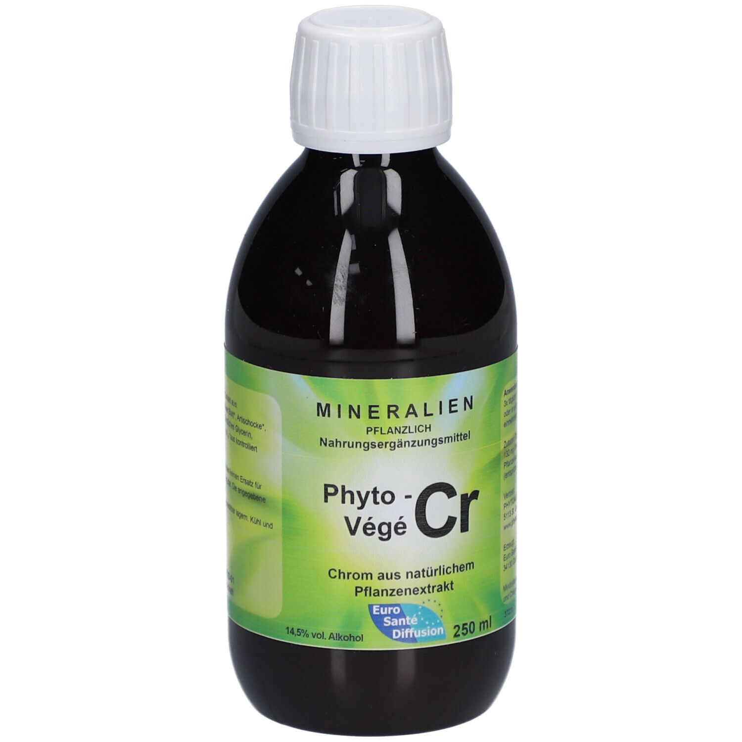 Braune Flasche mit weißem Deckel. Aufschrift: Phyto-Vegè Cr, 250 ml. Enthält Chrom aus Pflanzenextrakt. Label: Euro Santé Diffusion.