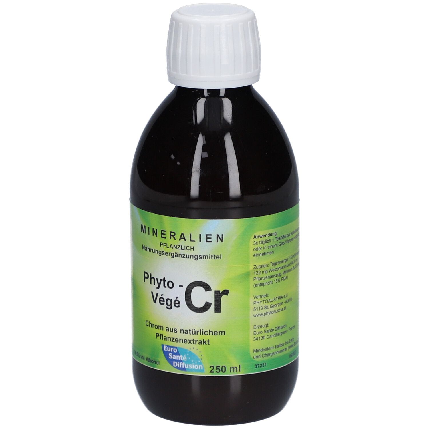 Braune Flasche mit weißem Deckel. Aufschrift: Phyto-Vegè Cr, 250 ml. Enthält Chrom aus Pflanzenextrakt. Label: Euro Santé Diffusion. Mit Dosierungsangaben.