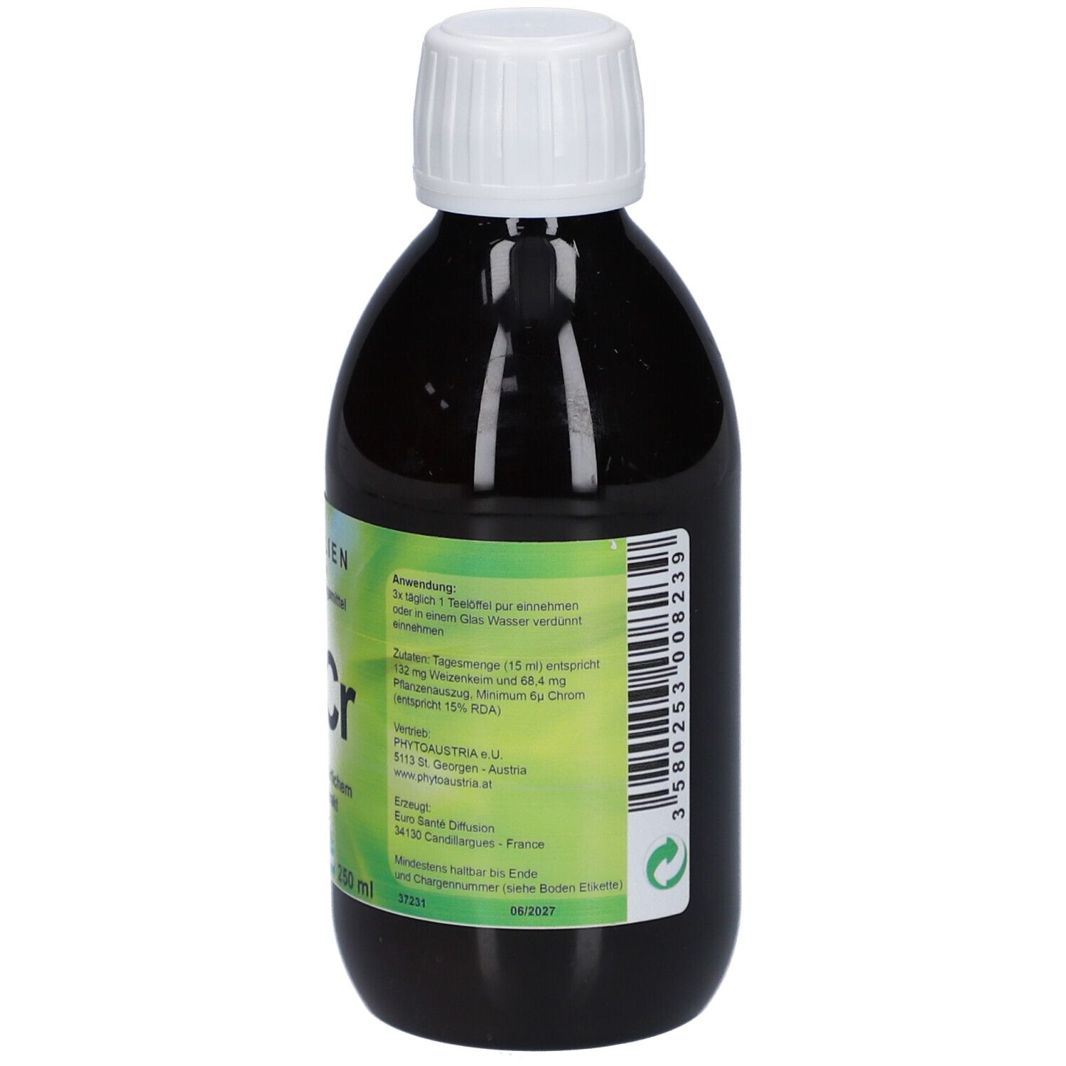 Braune Flasche mit weißem Deckel. Rückseite mit Dosierungsangaben und Barcode. Enthält 15 mg Chrom pro Tagesdosis.