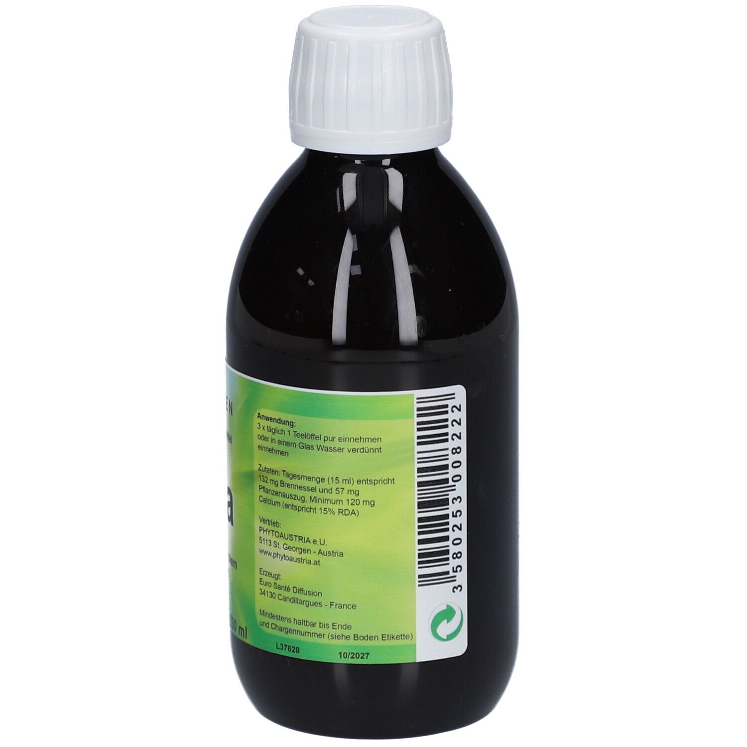 Braune Flüssigkeit in einer Flasche mit weißem Deckel. Rückseite mit Anwendungshinweisen, Zutaten und Bio-Zertifizierung. Grüne Etiketten.
