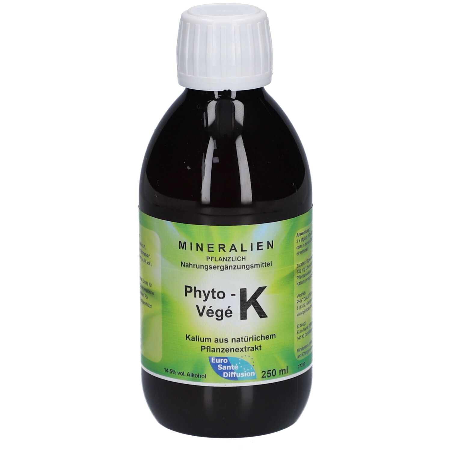 Flacon en verre brun avec bouchon blanc. Étiquette avec nom du produit Phyto-Vegè K et informations. 250 ml.
