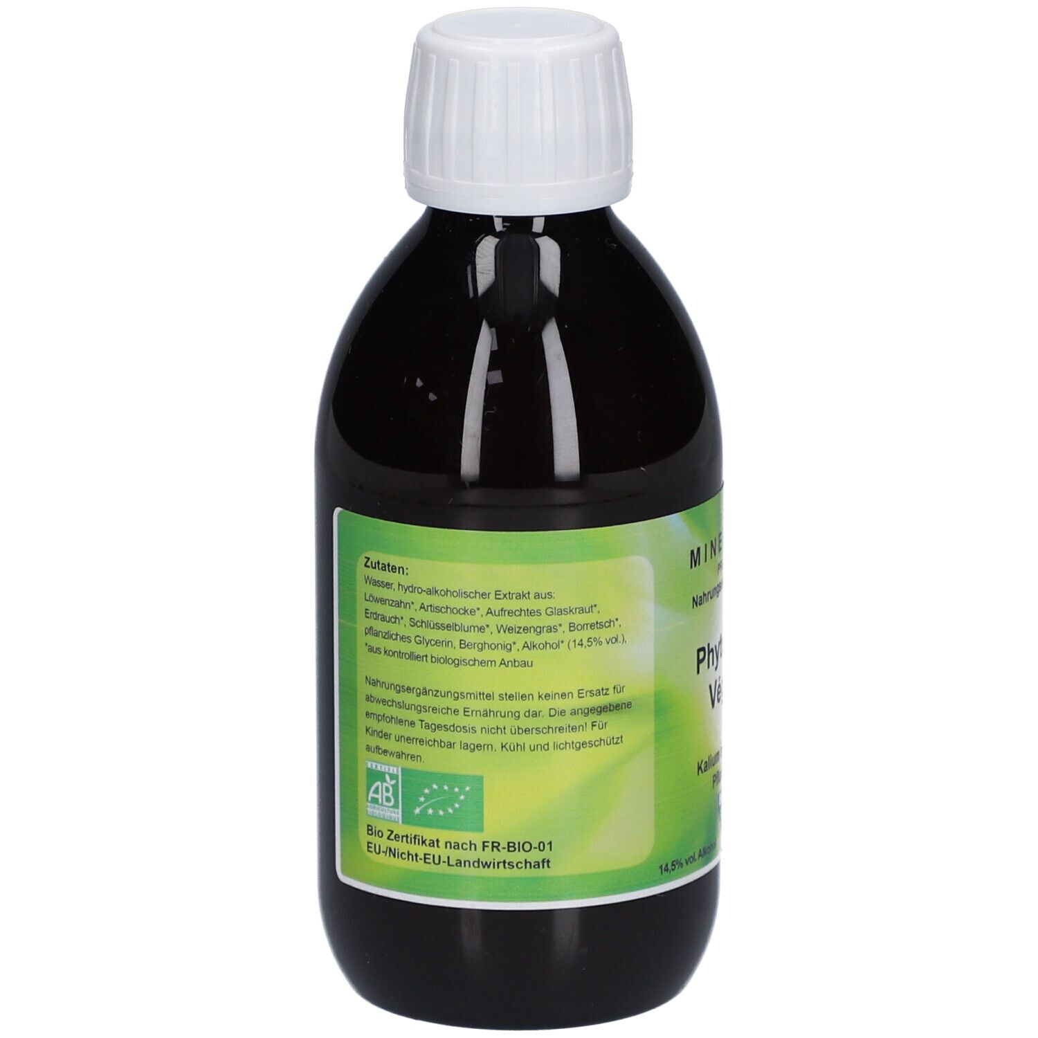 Flacon en verre brun avec bouchon blanc. Étiquette avec liste des ingrédients et certification bio. Nom du produit : Phyto-Vegè K.