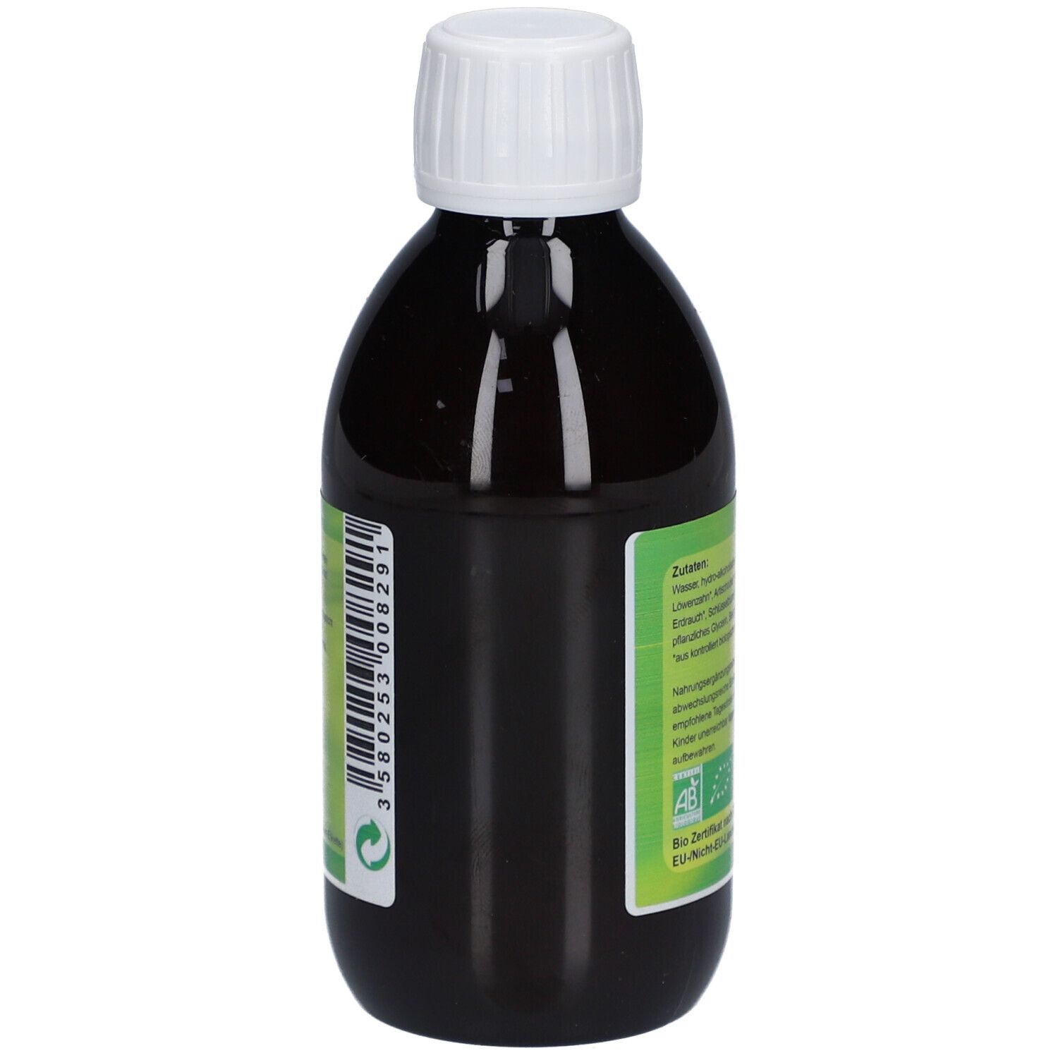 Flacon en verre brun avec bouchon blanc. Étiquette avec code-barres et informations produit. Nom du produit : Phyto-Vegè K.