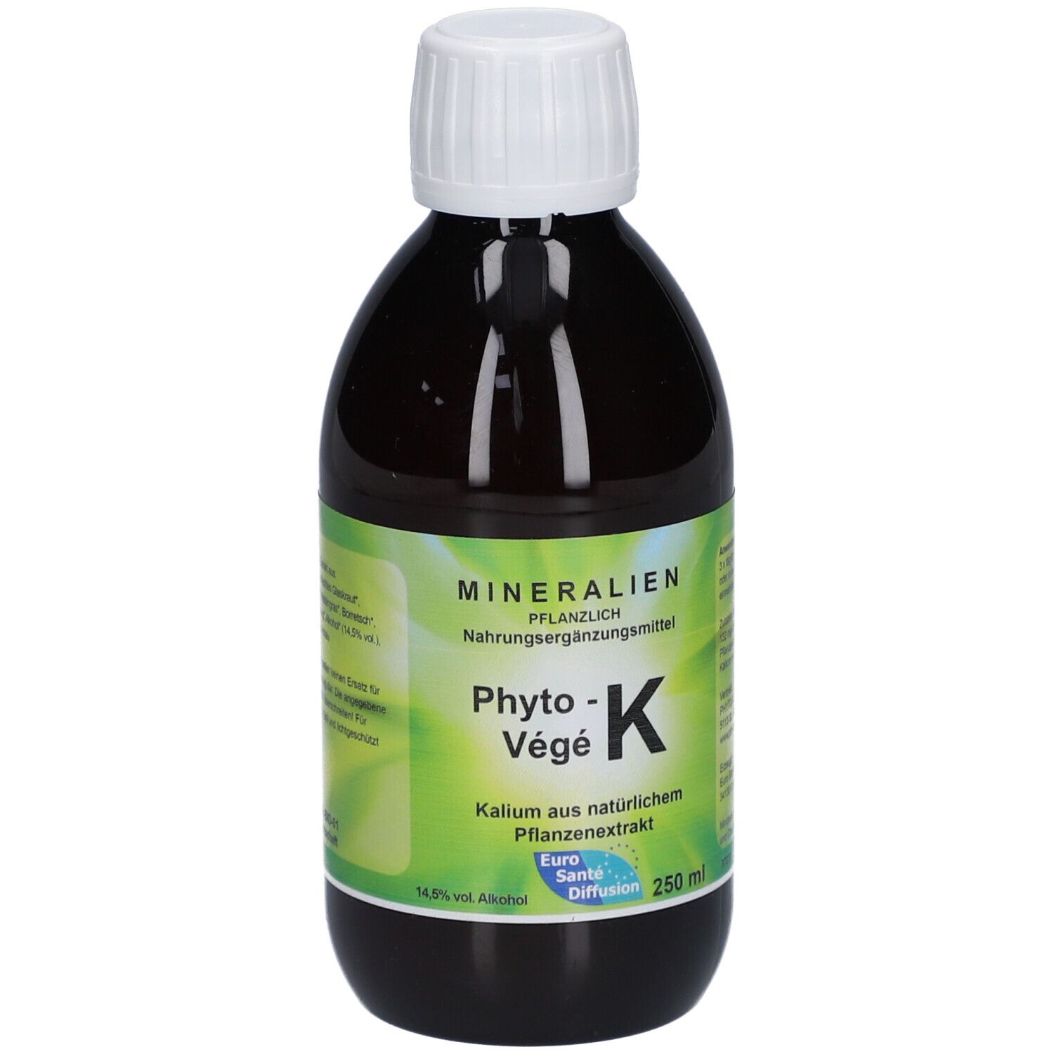 Flacon en verre brun avec bouchon blanc. Étiquette avec nom du produit Phyto-Vegè K et informations. 250 ml.