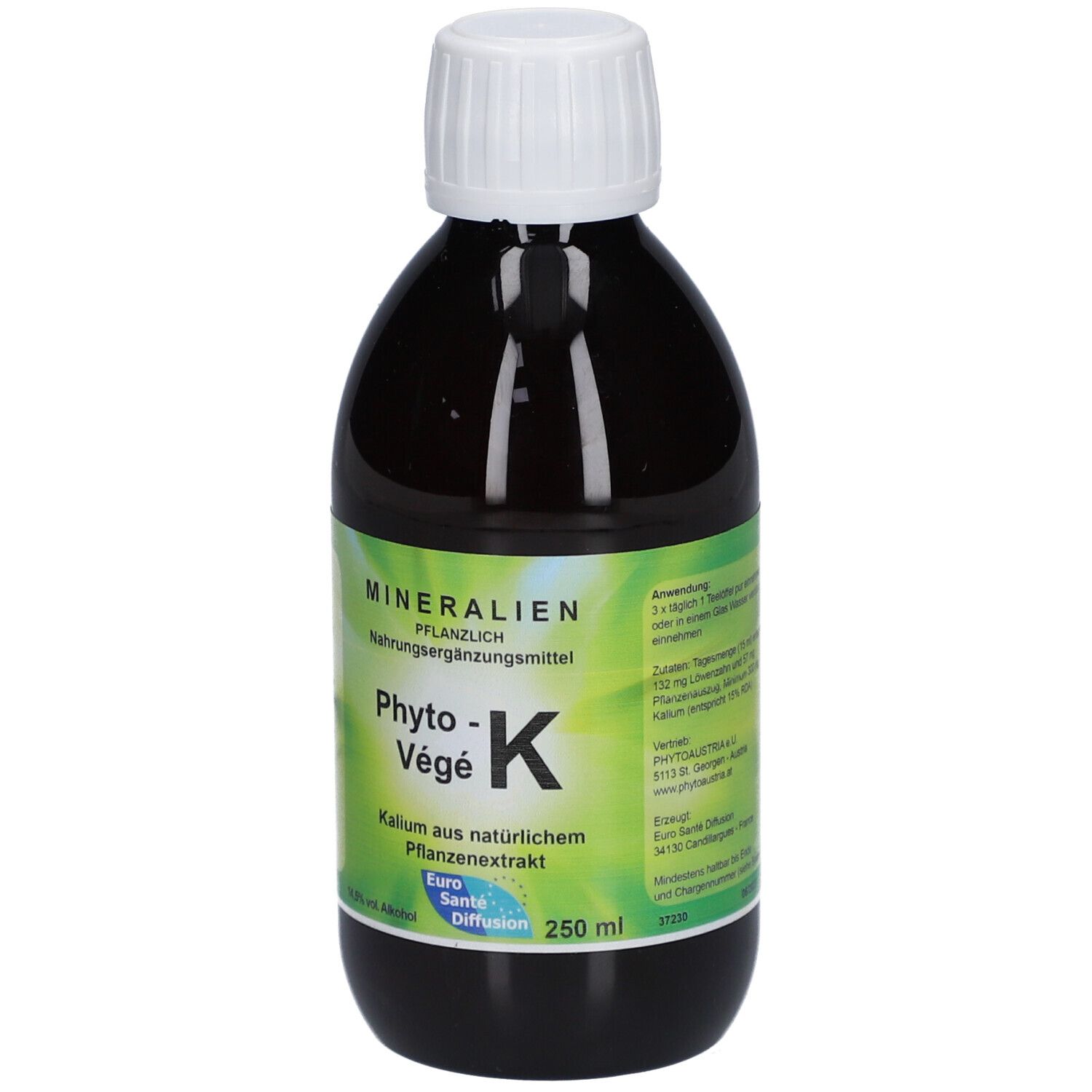 Flacon en verre brun avec bouchon blanc. Étiquette avec nom du produit Phyto-Vegè K et informations. 250 ml.