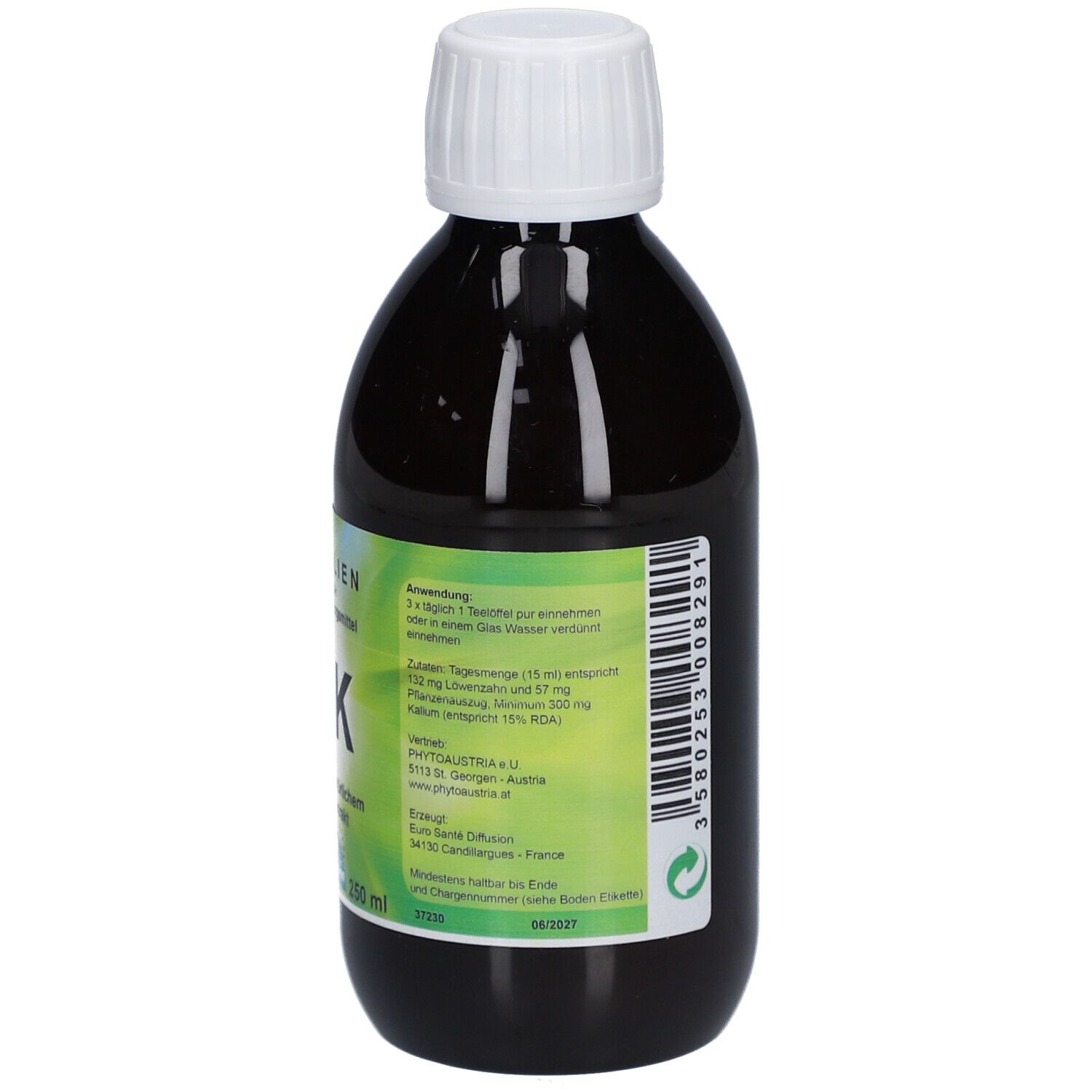 Flacon en verre brun avec bouchon blanc. Étiquette avec nom du produit Phyto-Vegè K et instructions d'utilisation. 250 ml.