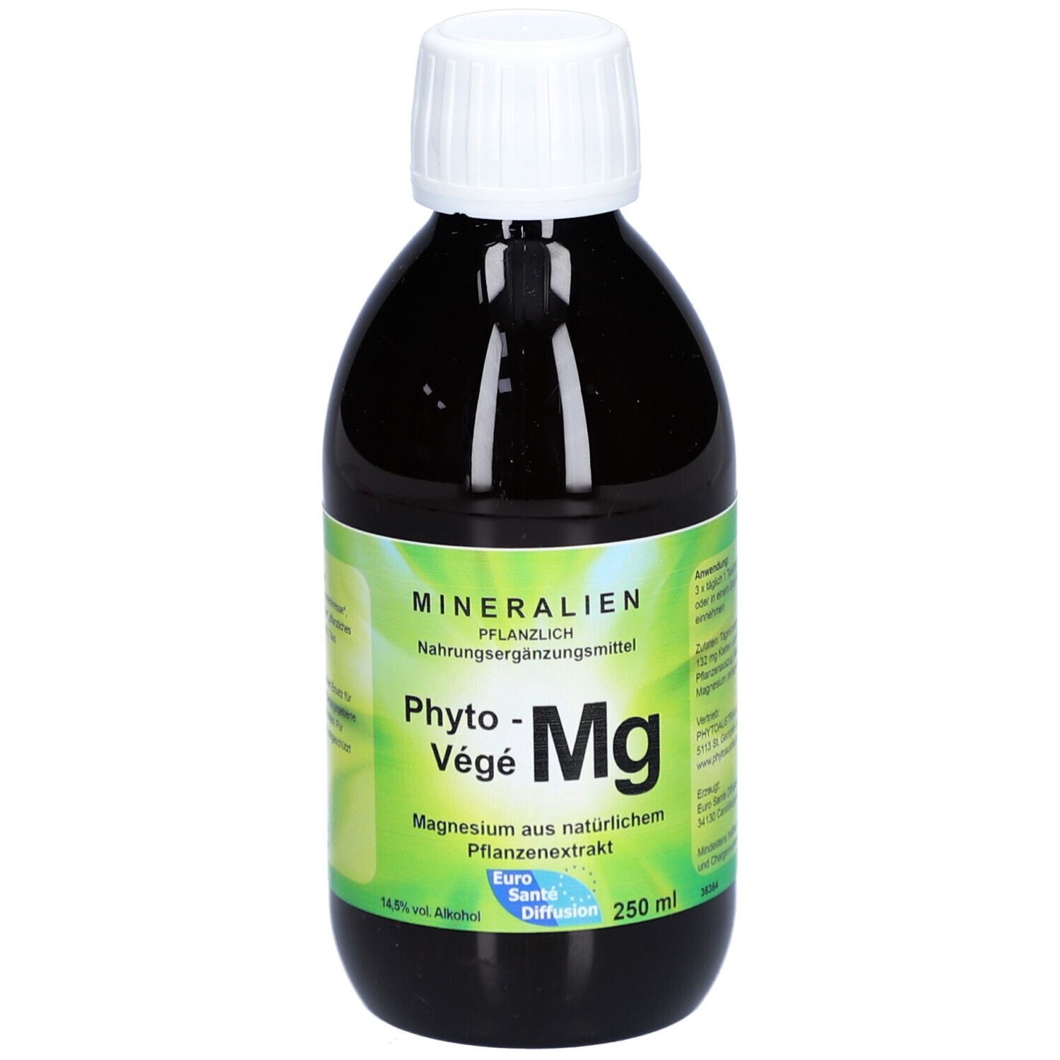Braune Flasche mit weißem Deckel. Etikett mit Produktnamen und Inhaltsangaben. 250 ml.